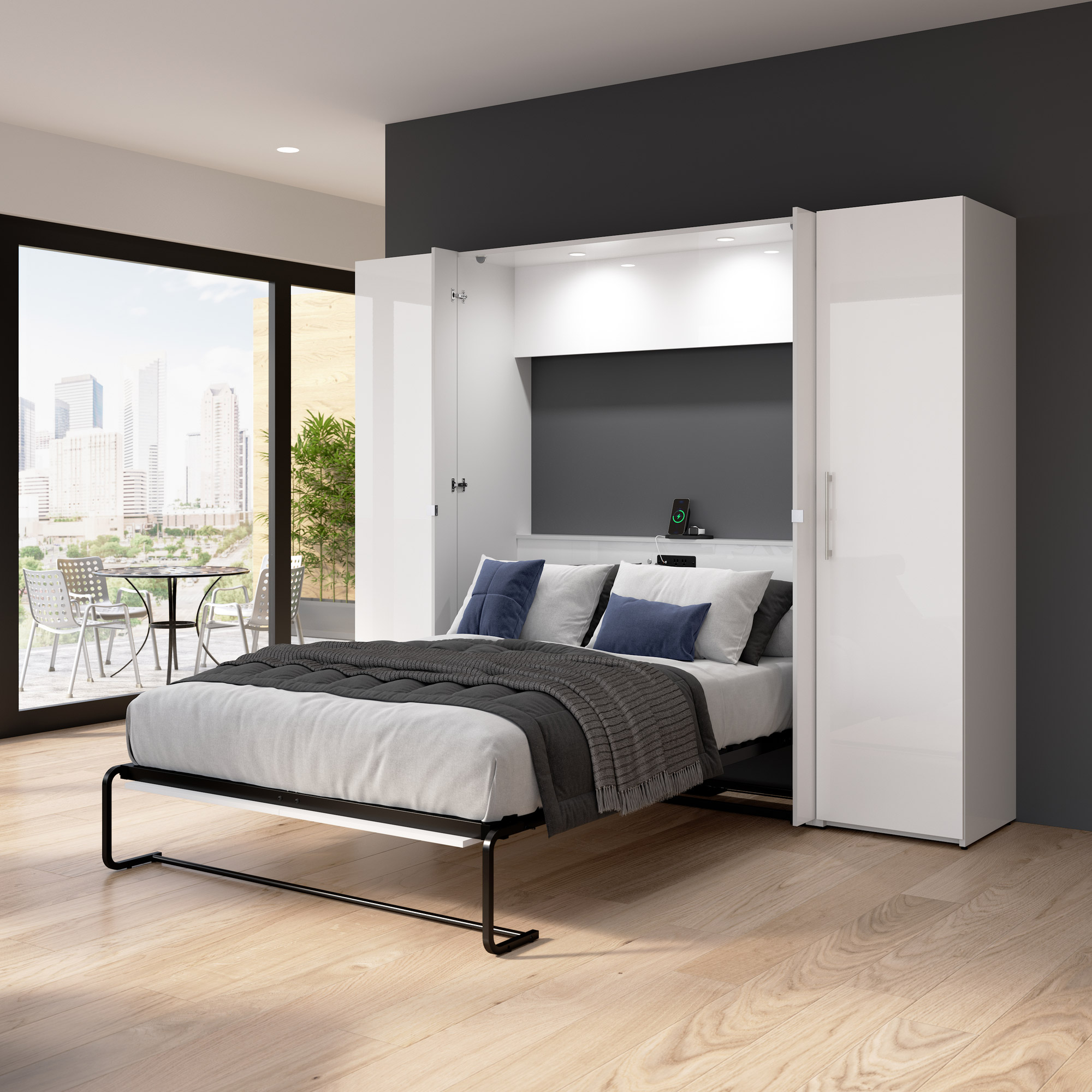 Bestar Avalon Double Wall Bed with 2 Storage Cabinets, White High Gloss ...