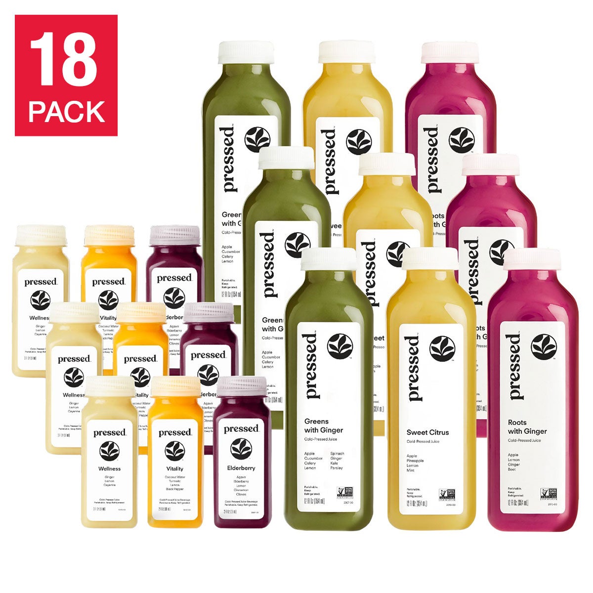 Pressed Cold-Pressed Juice and Shot Bundle,18 Bottles, 9 Juices, and 9 Shots