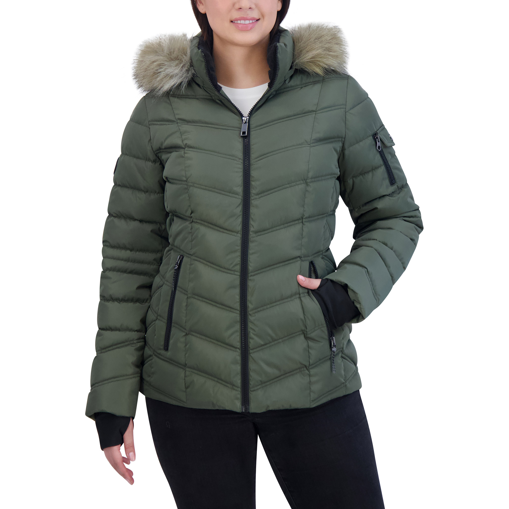 Nautica Ladies' Puffer with Faux Fur Hood | Costco
