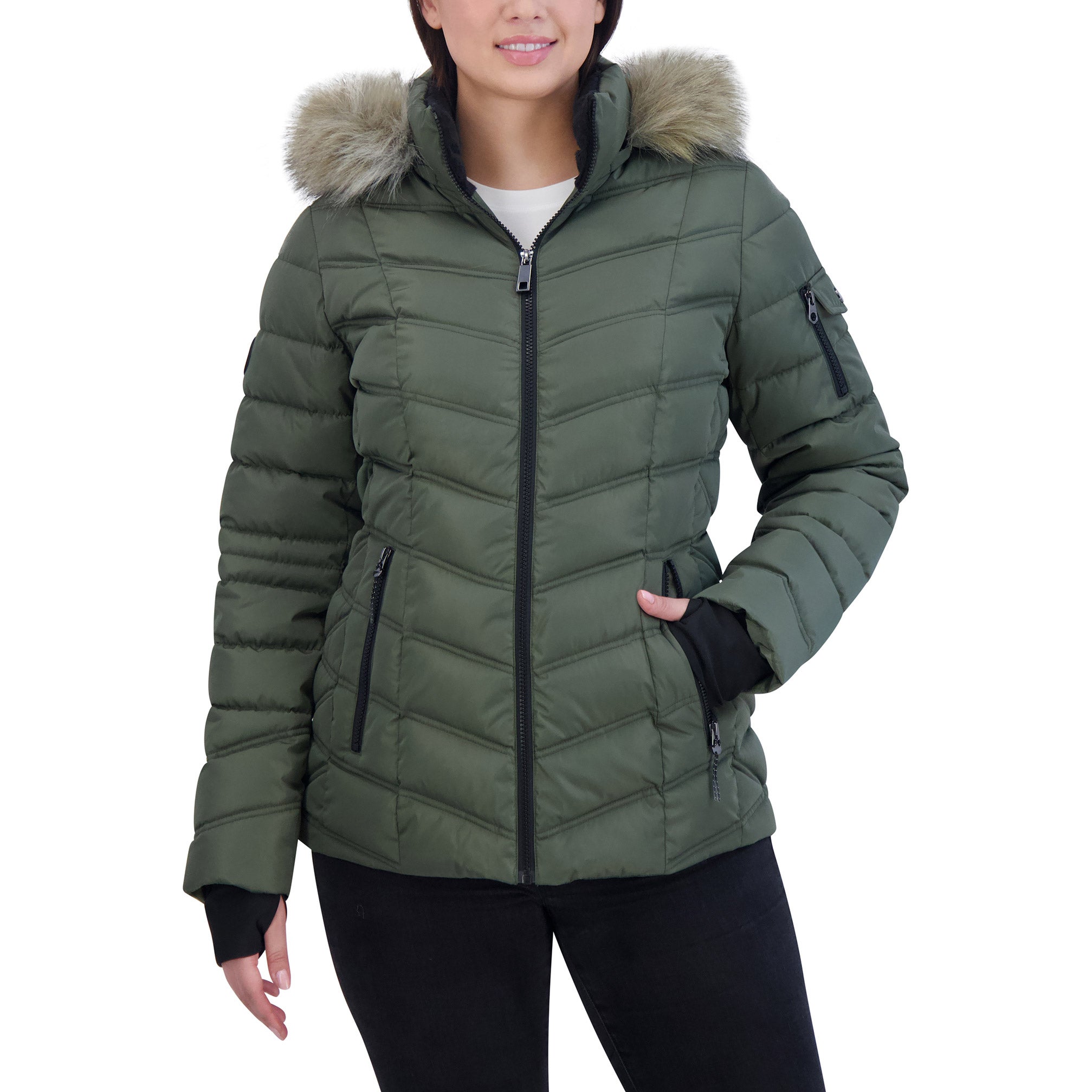 Nautica Ladies' Puffer with Faux Fur Hood Costco