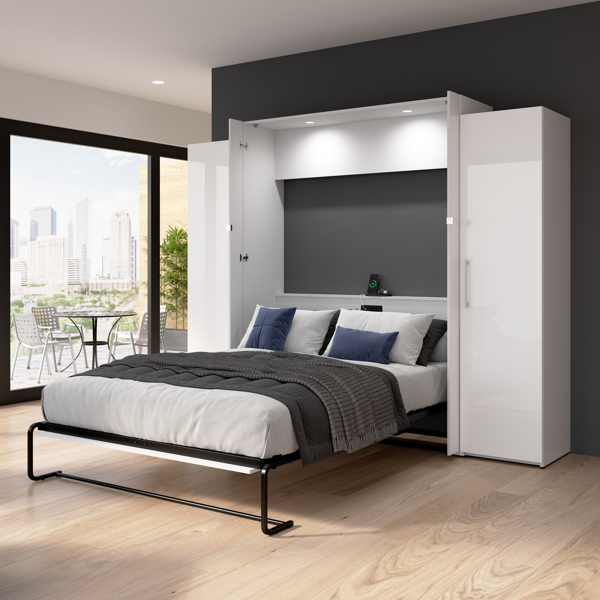 Bestar Avalon Queen Wall Bed with 2 Storage Cabinets, White High Gloss ...