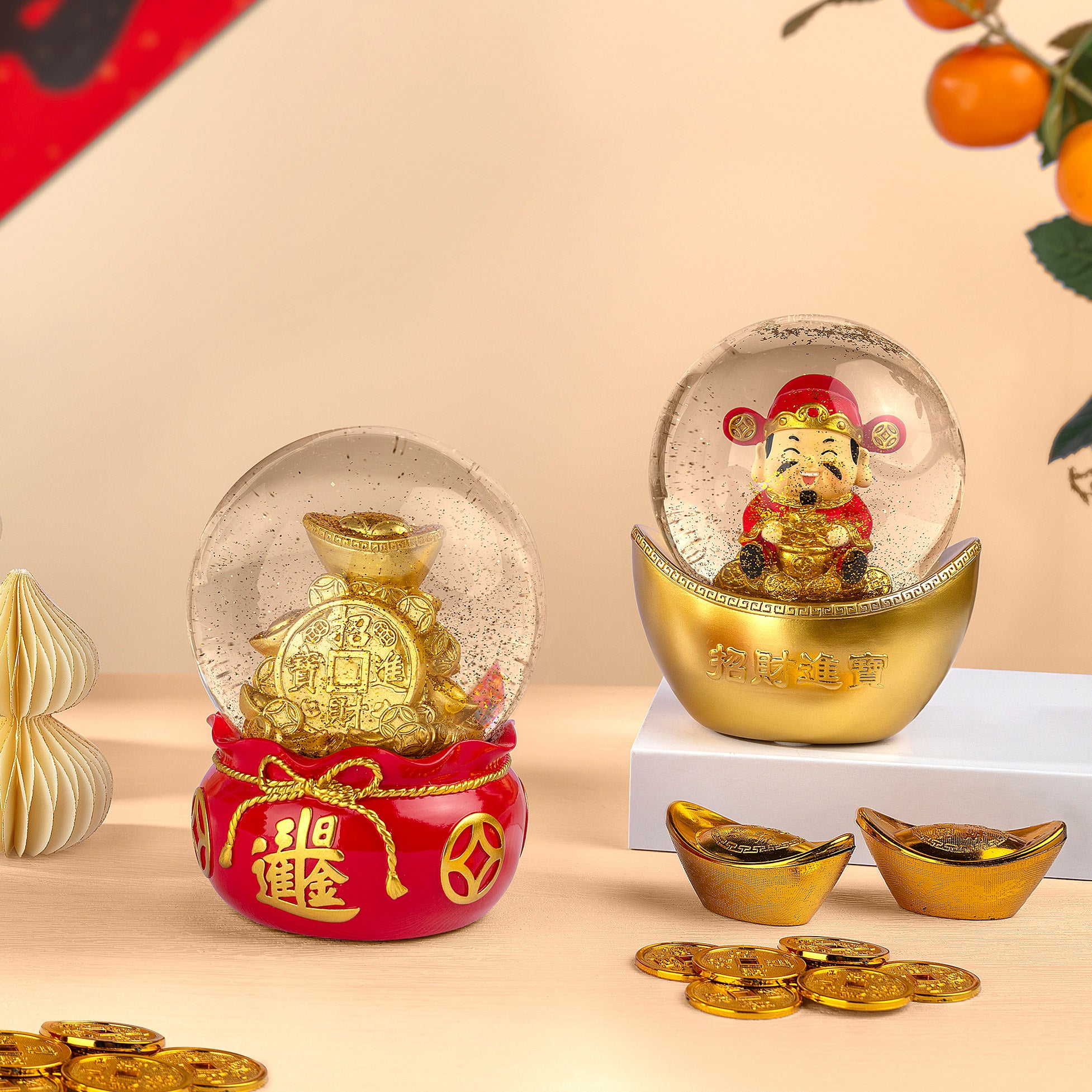 Lunar New Year Wealth and Fortune Water Globes, Set of 2