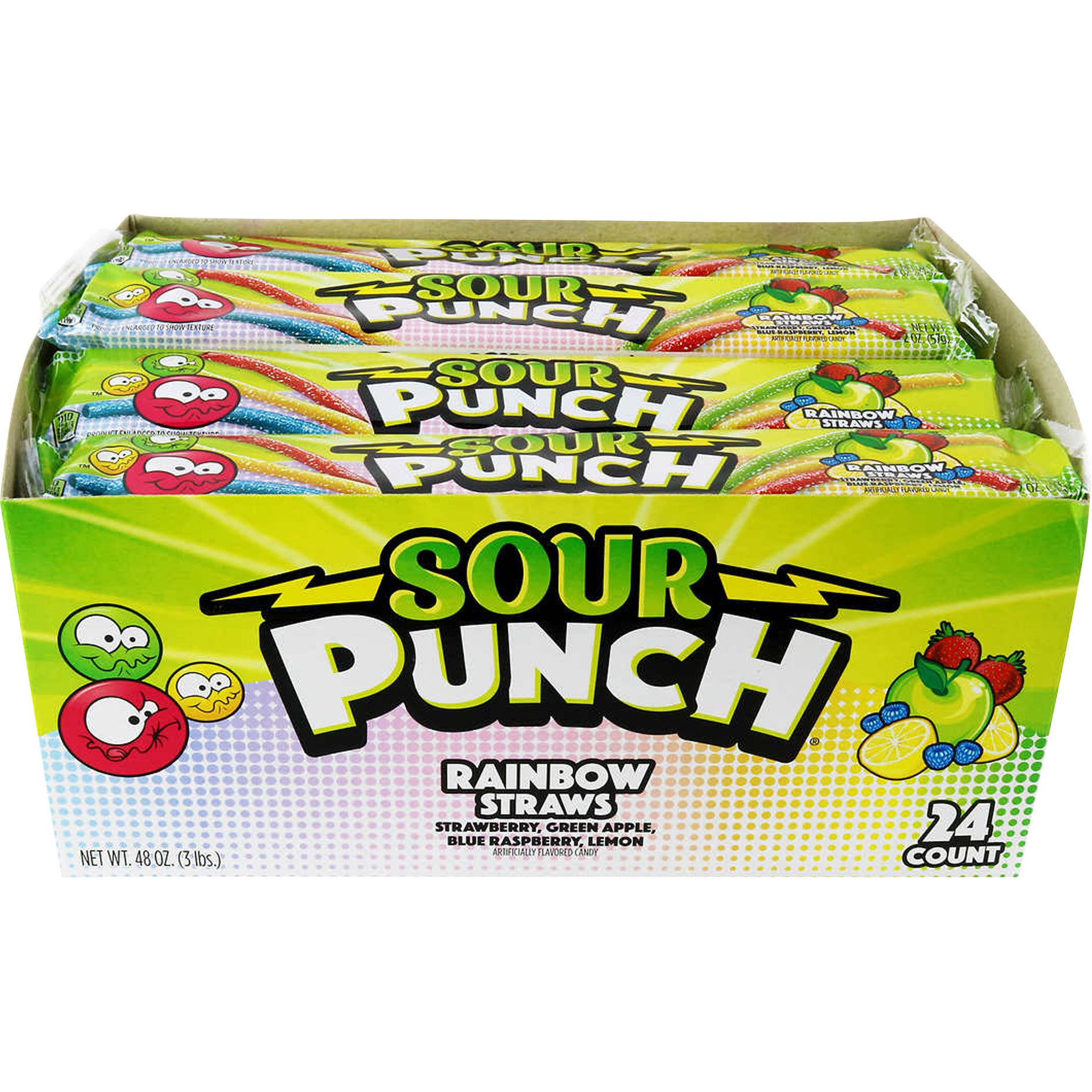 **Sour Punch** Straws , Rainbow, Blue Raspberry **AND/OR** Strawberry, 2 oz, 24 ct