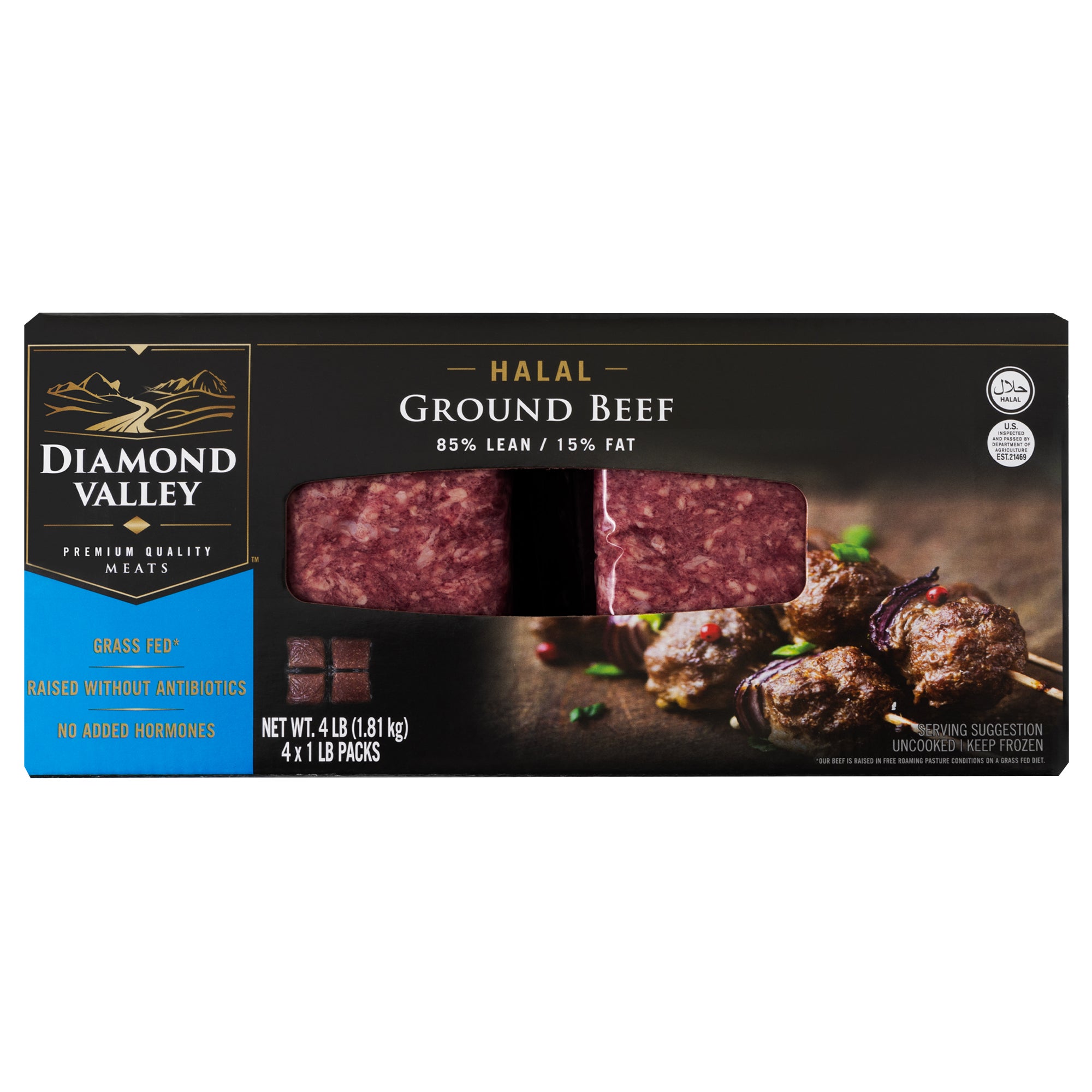 **Diamond Valley** Beef, Halal Ground, 85% Lean, 1 lb Chub, 4 ct
