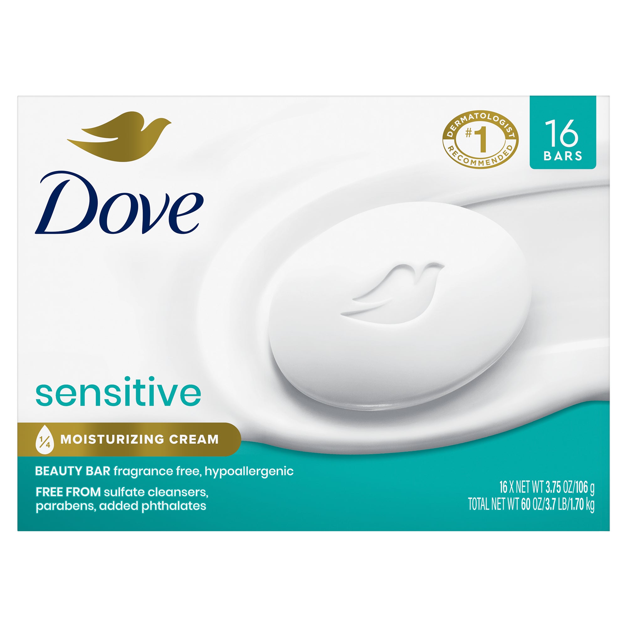 **Dove** Beauty Bar Soap, Sensitive Skin, Hypoallergenic, 3.75 oz, 16 ct