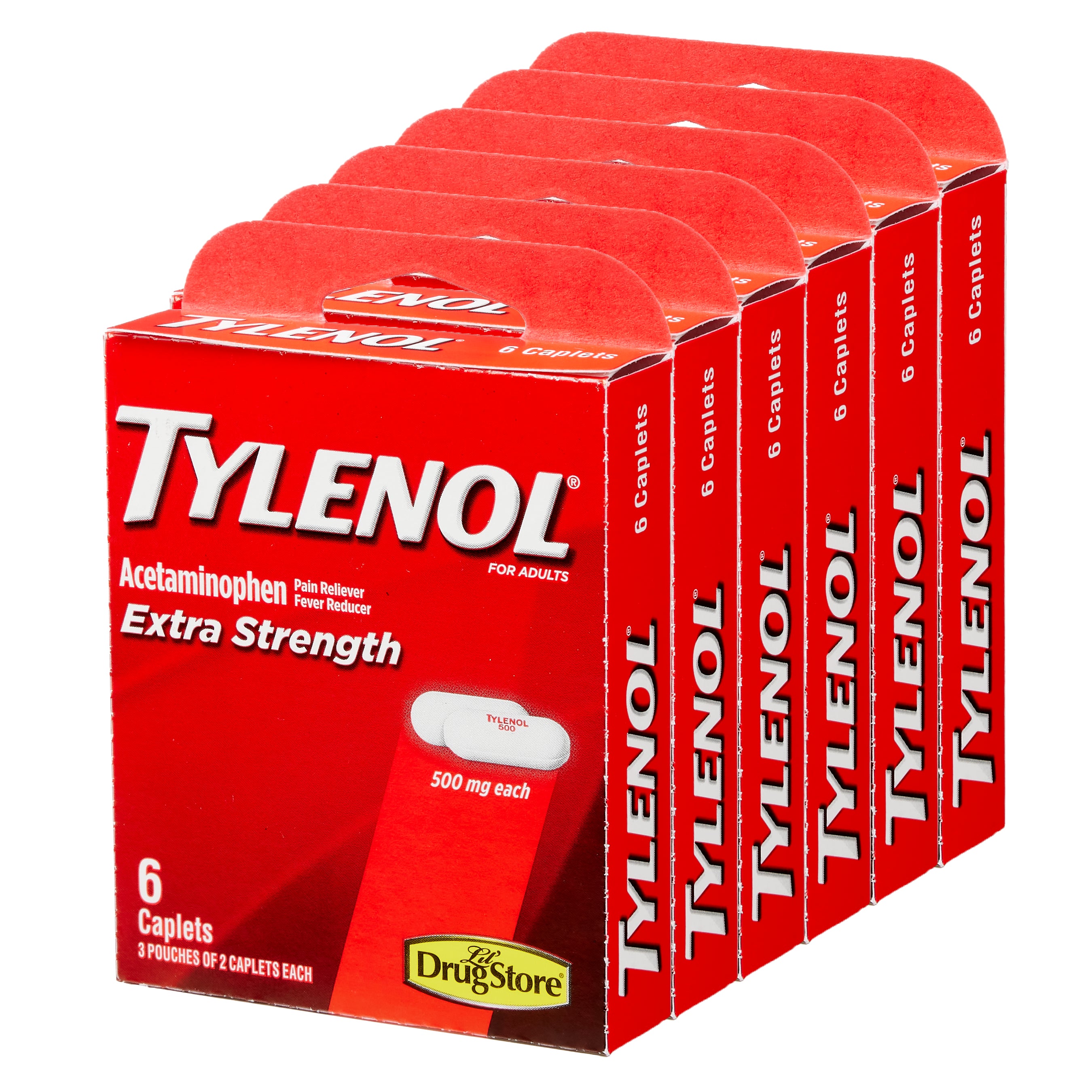 **Tylenol** Extra Strength Acetaminophen, 500mg, 3 Pouches of 2 Caplets, 6 Trial Packs