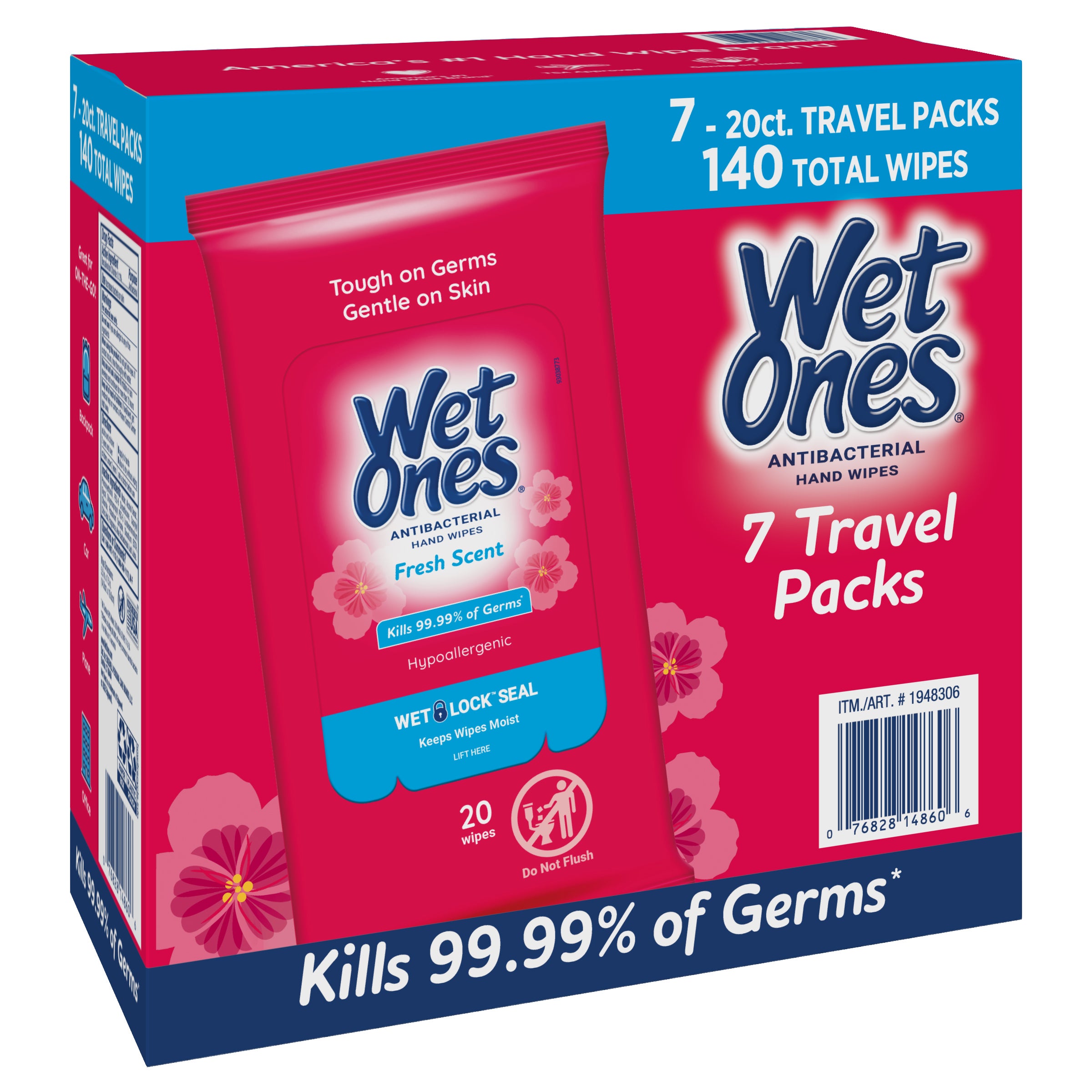 **Wet Ones** Antibacterial Hand Wipes, Travel Packs, Fresh Scent, 20 ct, 7 pk