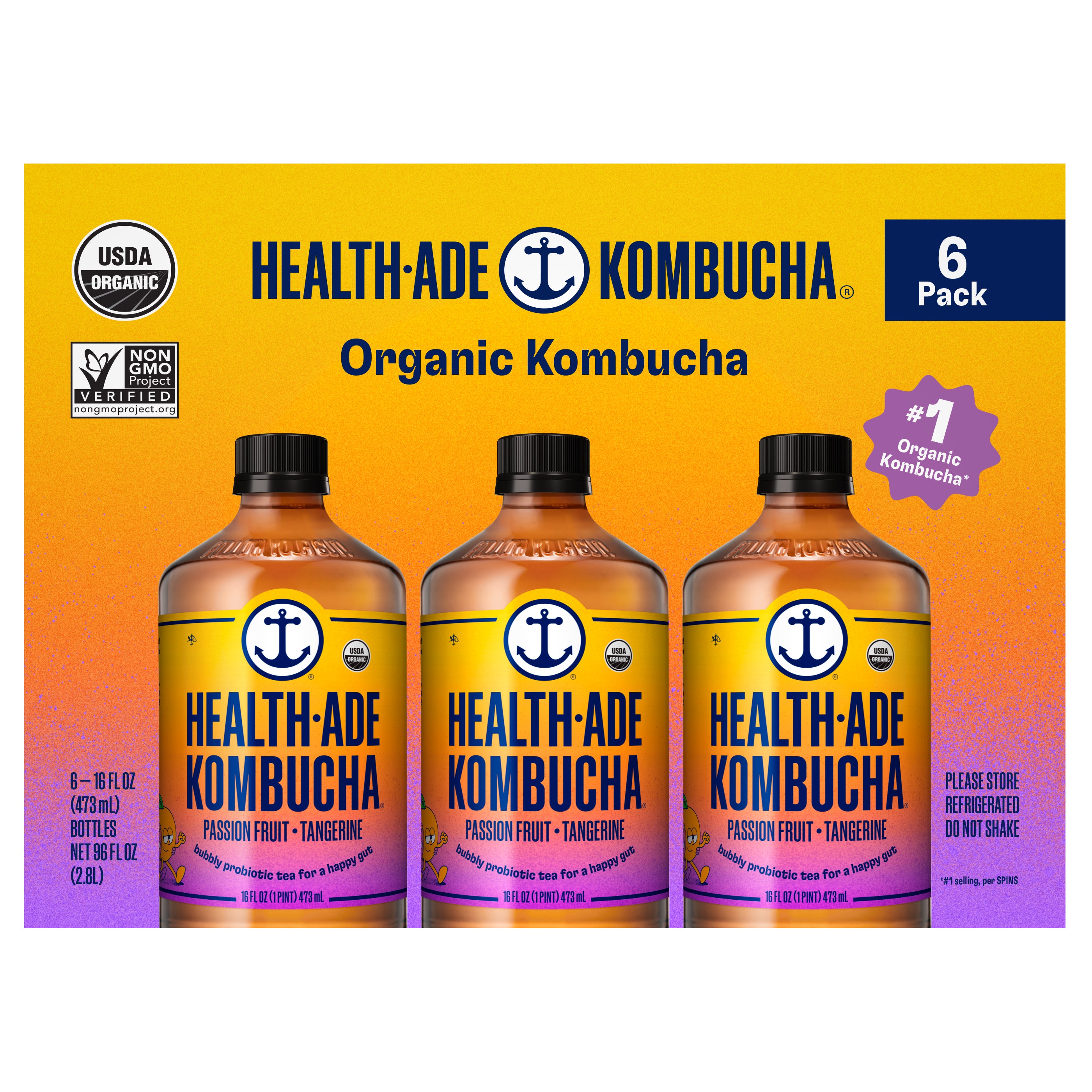 **Health-Ade** Organic Kombucha, Passion Fruit Tangerine, 16 fl oz, 6 ct