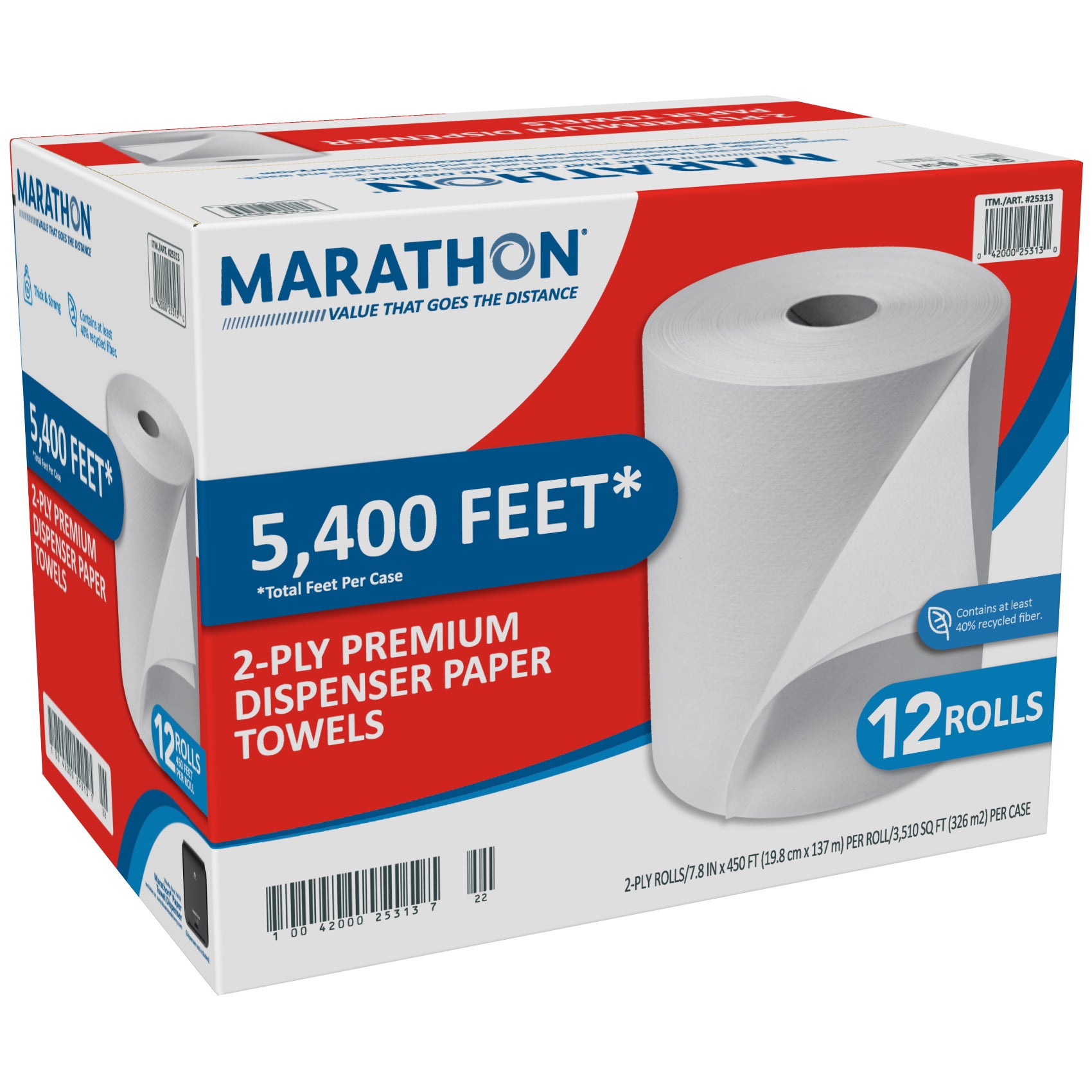 **Marathon** Dispenser Roll Towels, 2-Ply, Non-perforated , White, 12 ct
