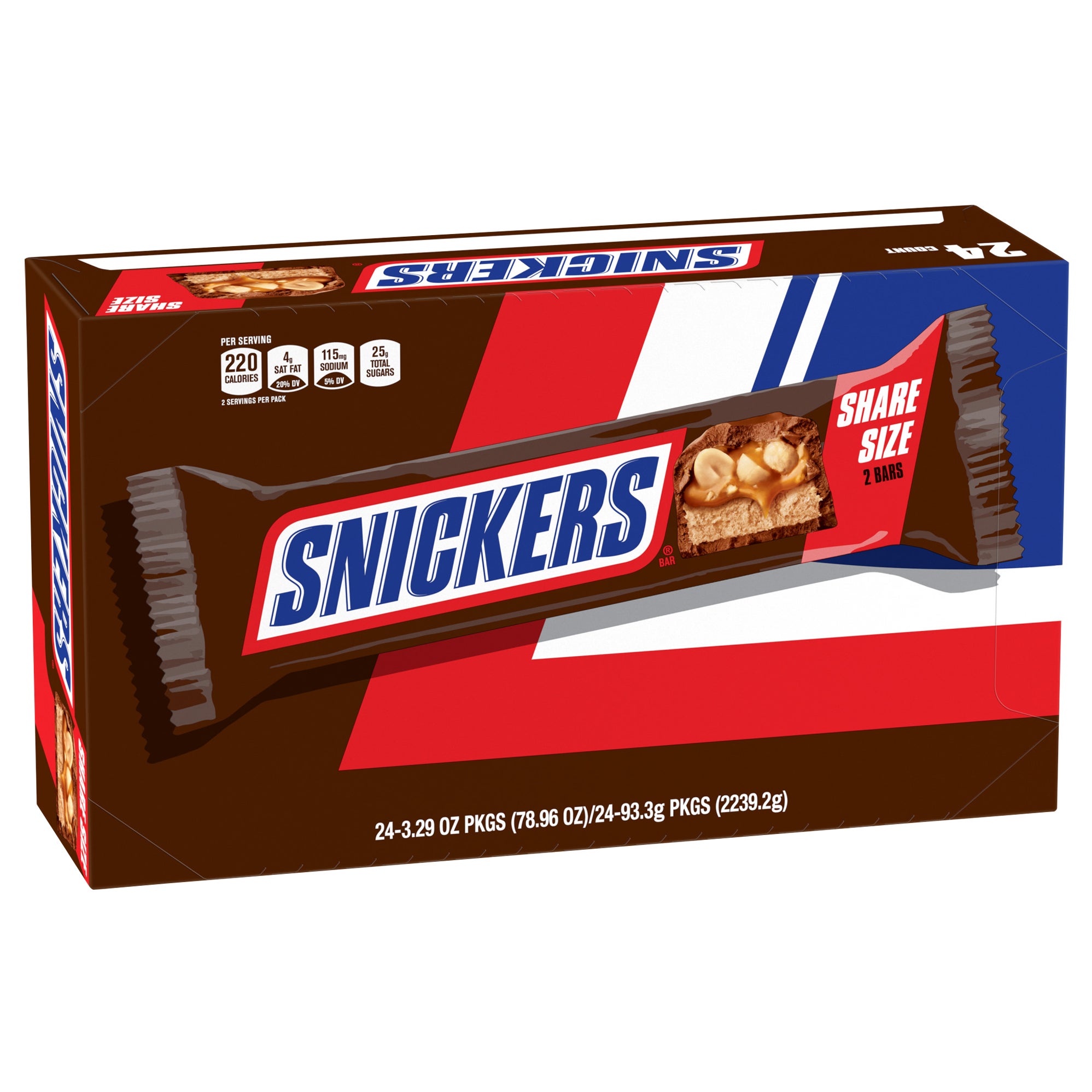 **Snickers** Candy Bar, Chocolate, Share Size, 3.29 oz, 24 ct