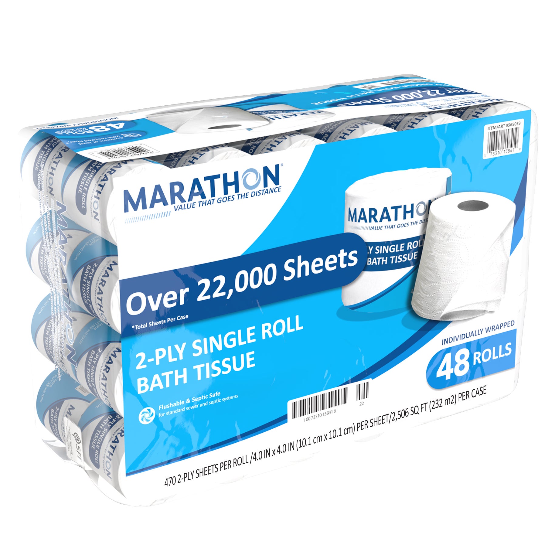 **Marathon** Bath Tissue, Standard Roll, 2-Ply, 4" x 4", 470 Sheets, 48 ct
