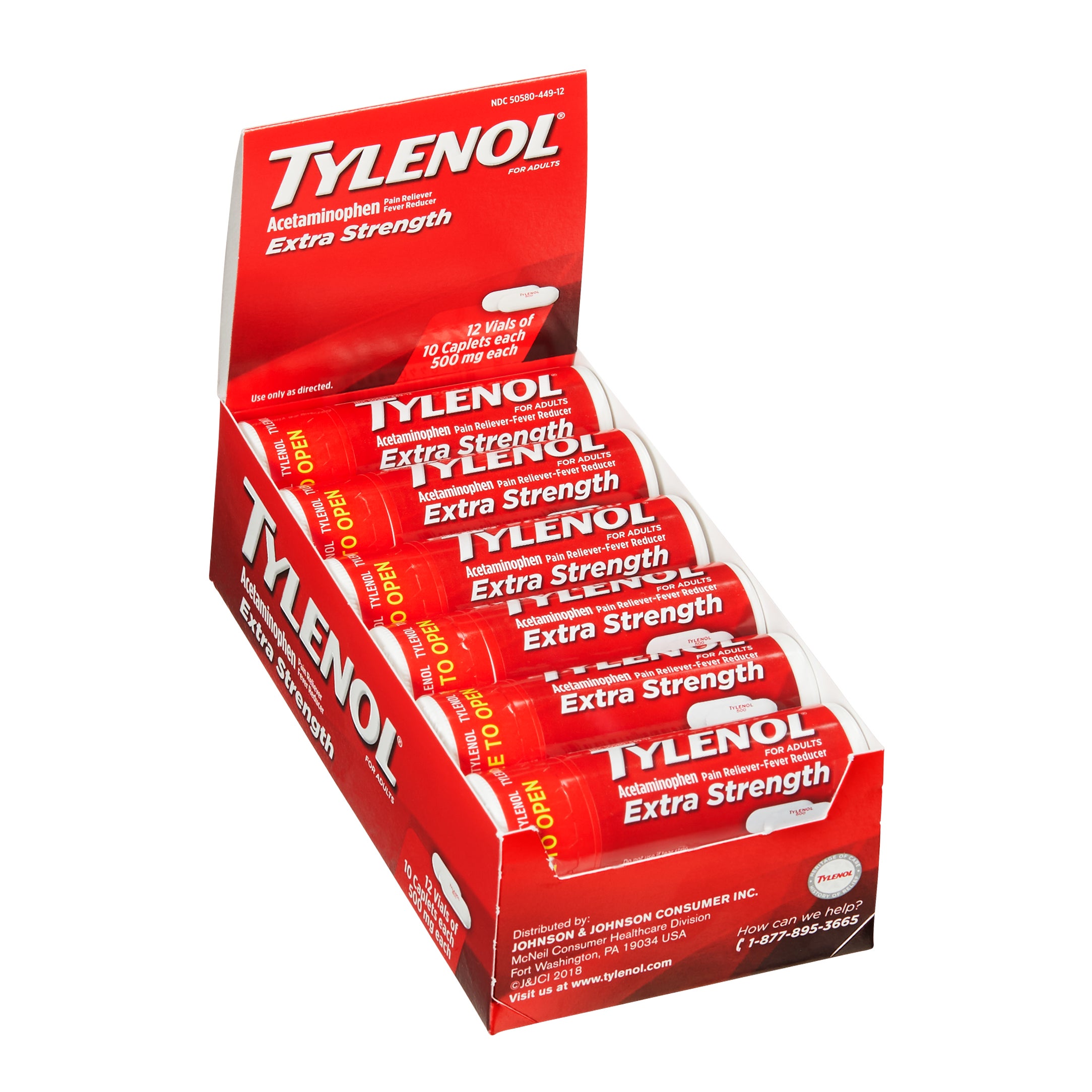 **Tylenol** Acetaminophen Caplets, Extra Strength , 500 mg, 10 per Vial, 12 ct