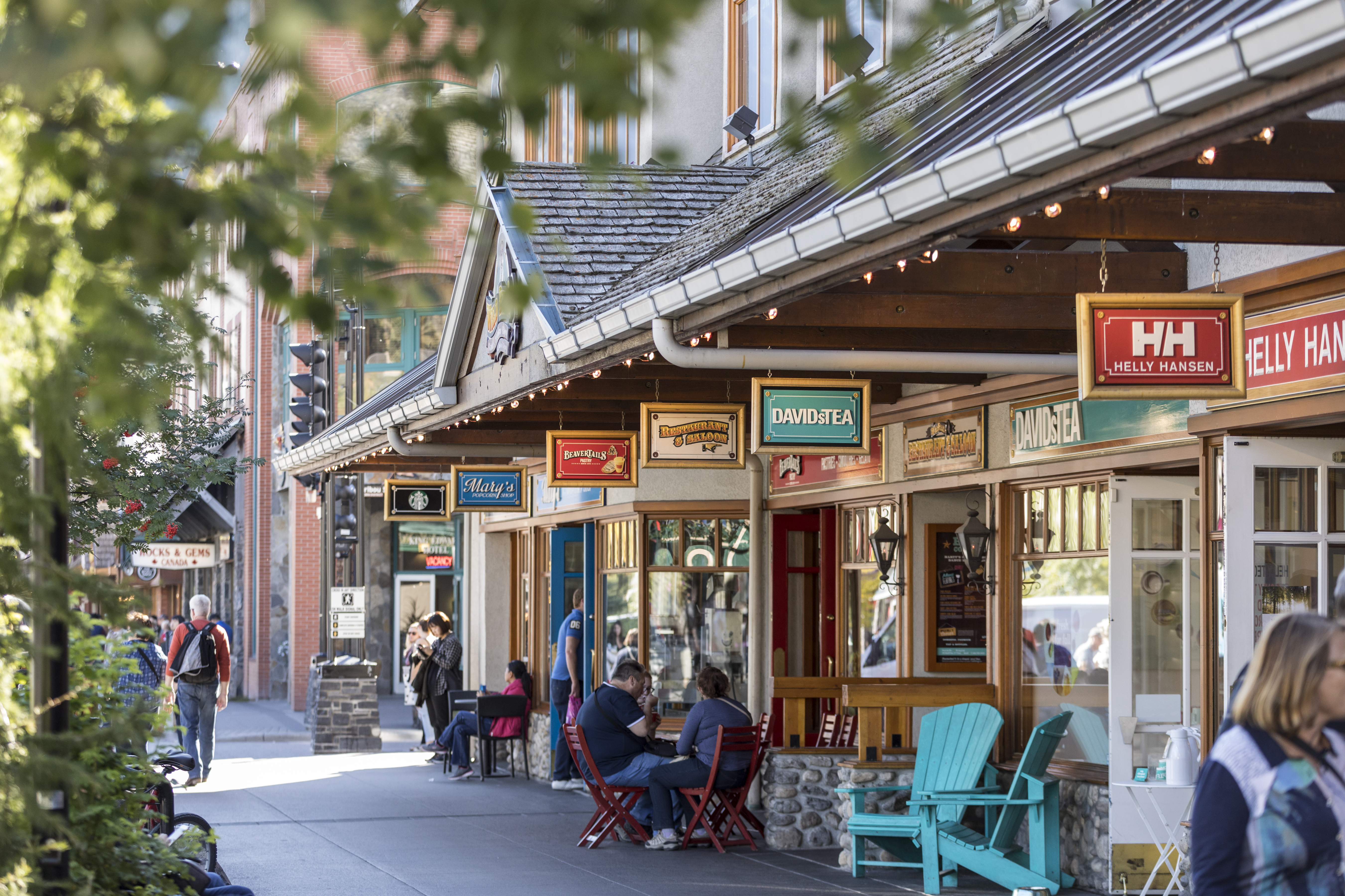 Series of shops next to Banff Avenue and Caribou Street in the town of Banff, Alberta