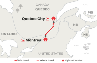 Route map of Montreal and Quebec City Getaway by Rail trip from Montreal to Quebec City