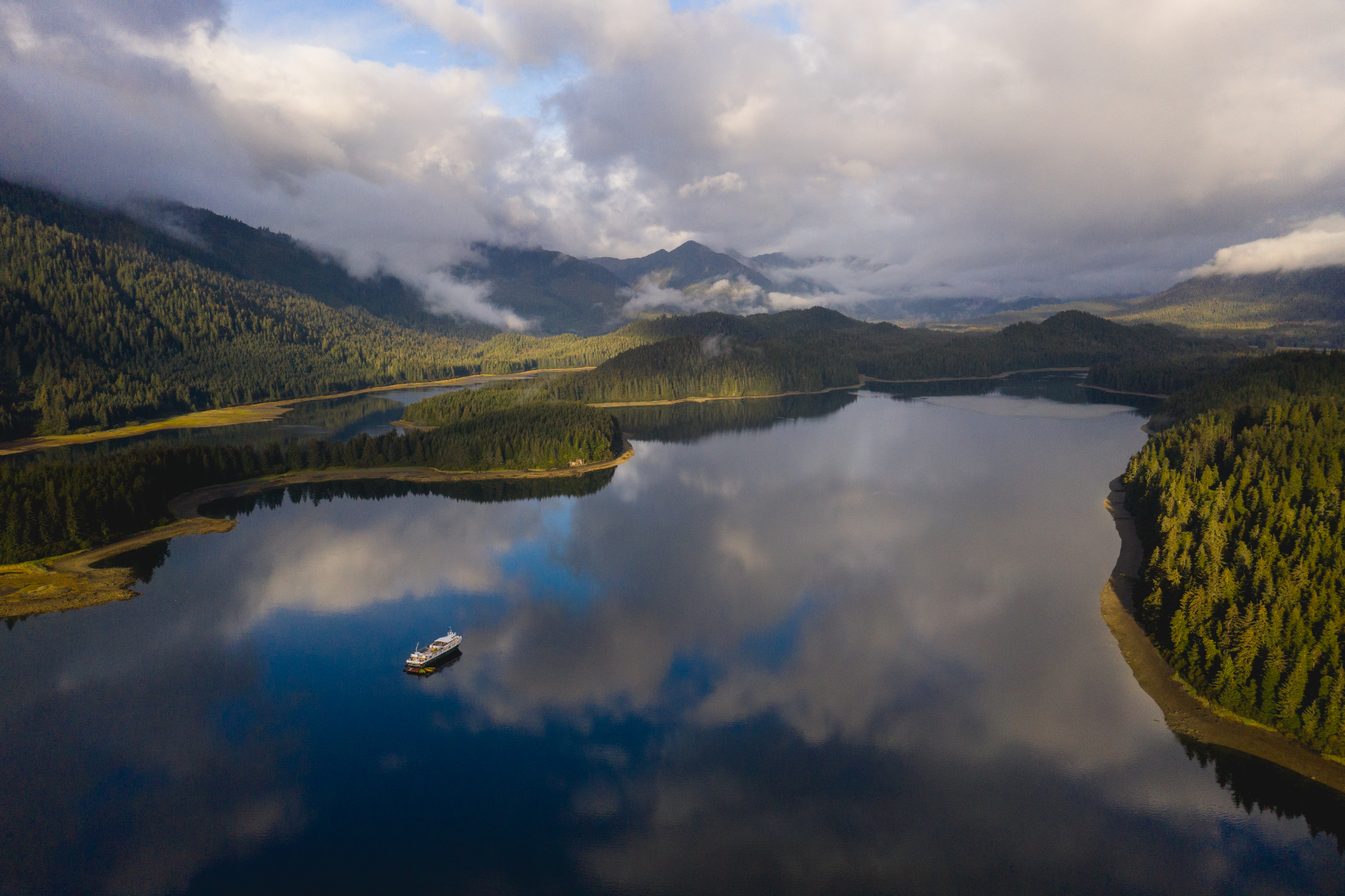 Cruise ship sails in an inlet surrounded by forest, clouds, and mountains in Alaska.