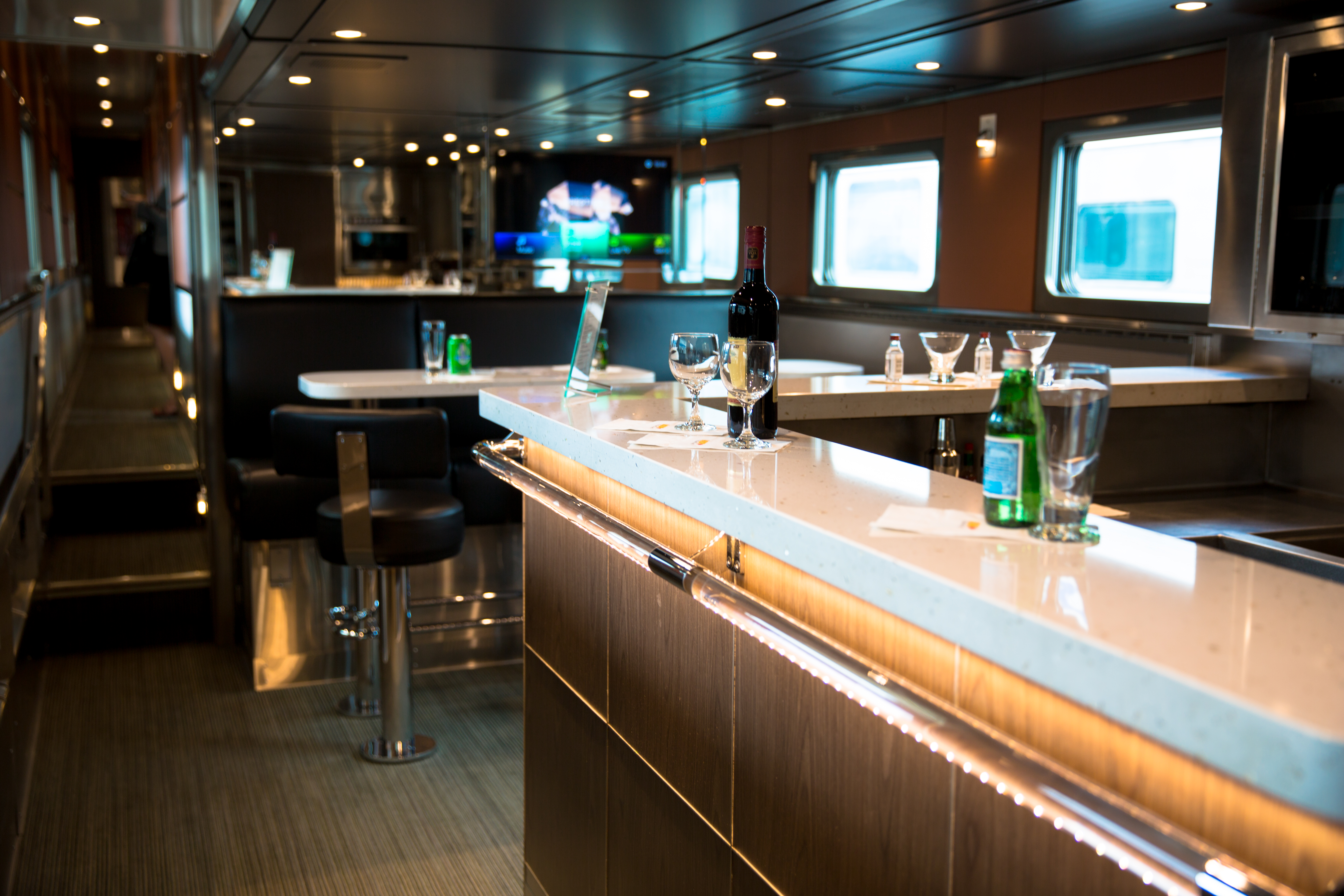 Drinks sitting on the bar in the Prestige Park Car on the Canadian train 