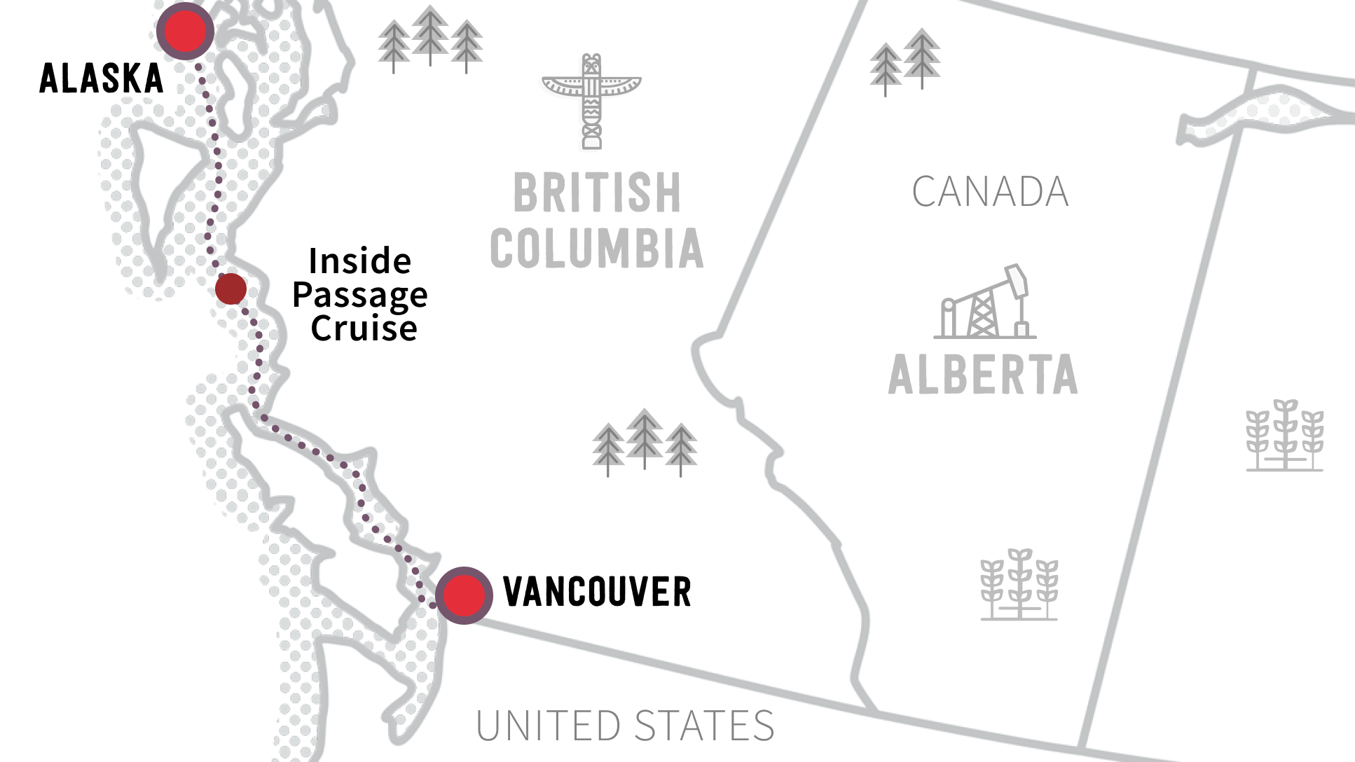 Route map of an Inside Passage Cruise from Vancouver to Alaska 