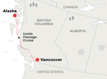 Route map of an Inside Passage Cruise from Vancouver to Alaska 