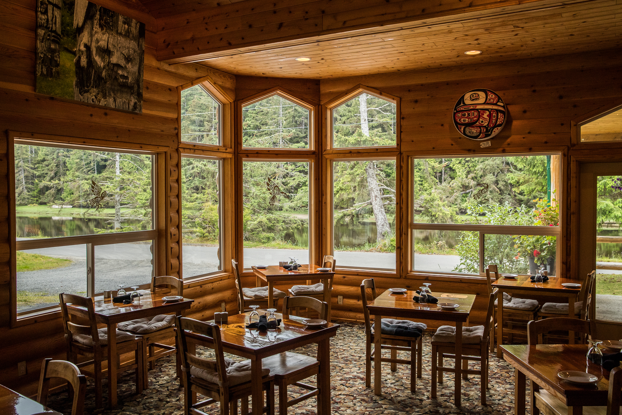 The dining room at Haida House on Haida Gwaii. 