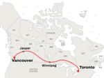 Map of the VIA Rail Canadian train route from Vancouver to Toronto 