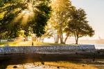 Person walking along the Seawall in Stanley Park 