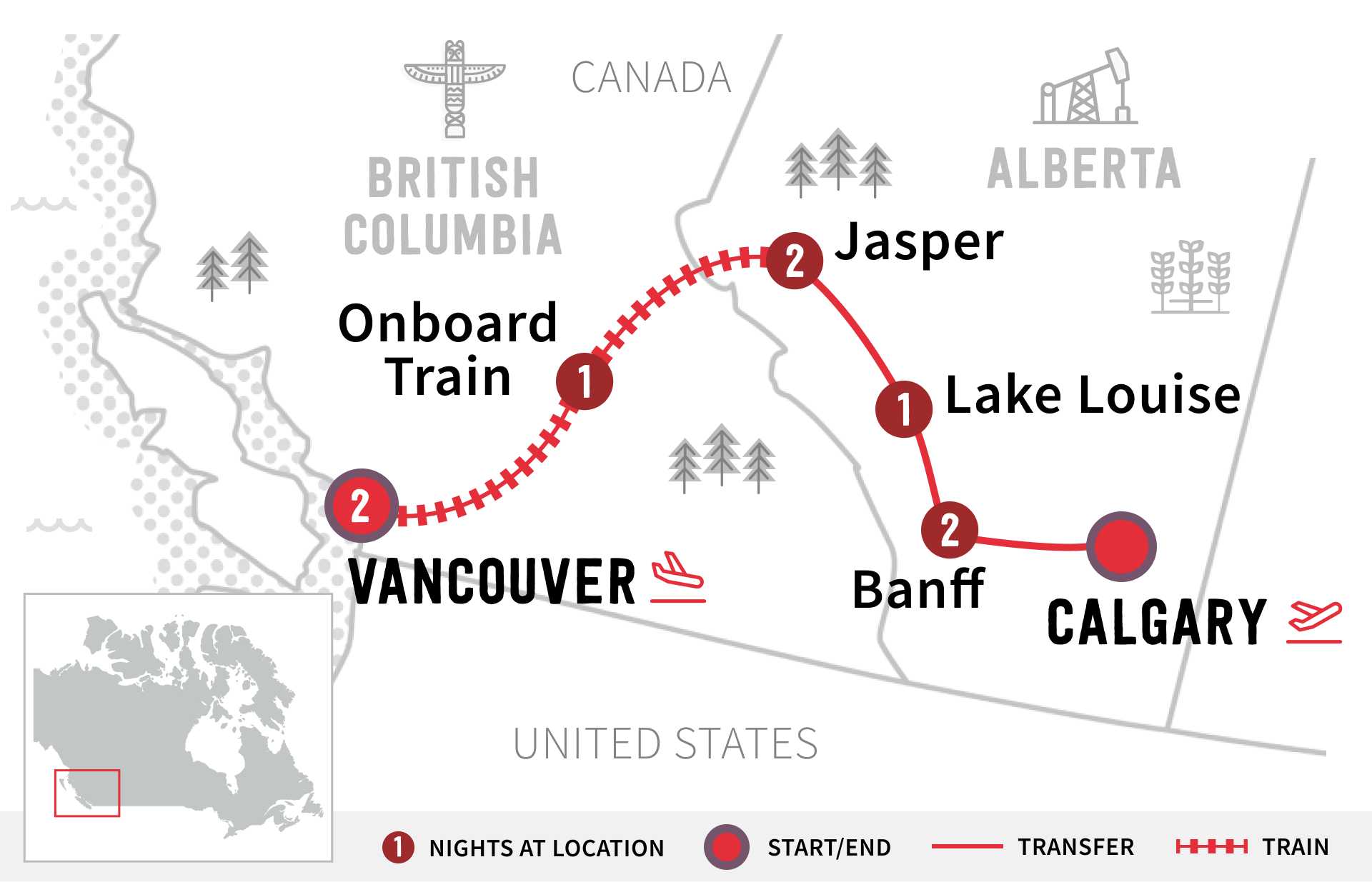 Route map of Rockies Rail Winter Wonderland trip from Vancouver to Calgary