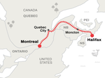 Route map of VIA Rail’s Ocean train from Montreal to Halifax
