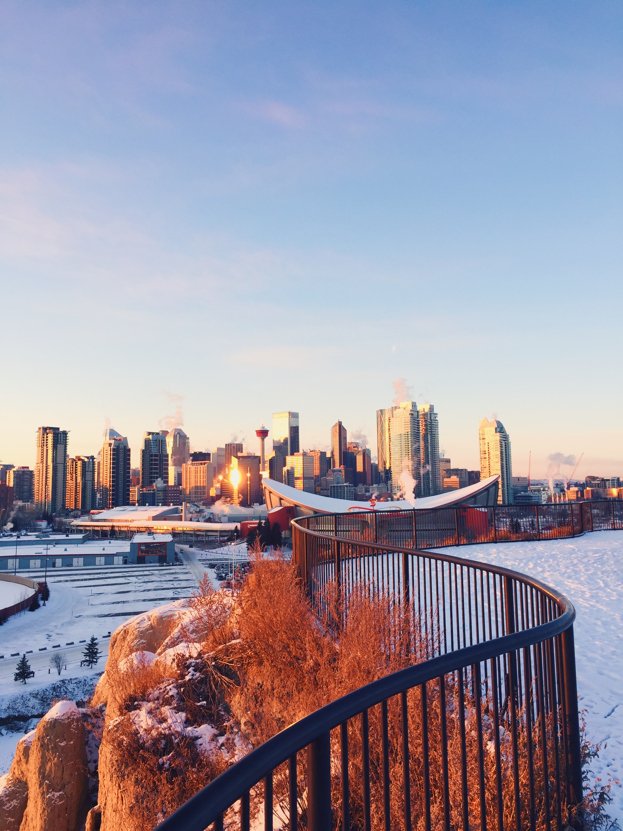 View of Calgary skyline in the snow from Scotsman’s Hill