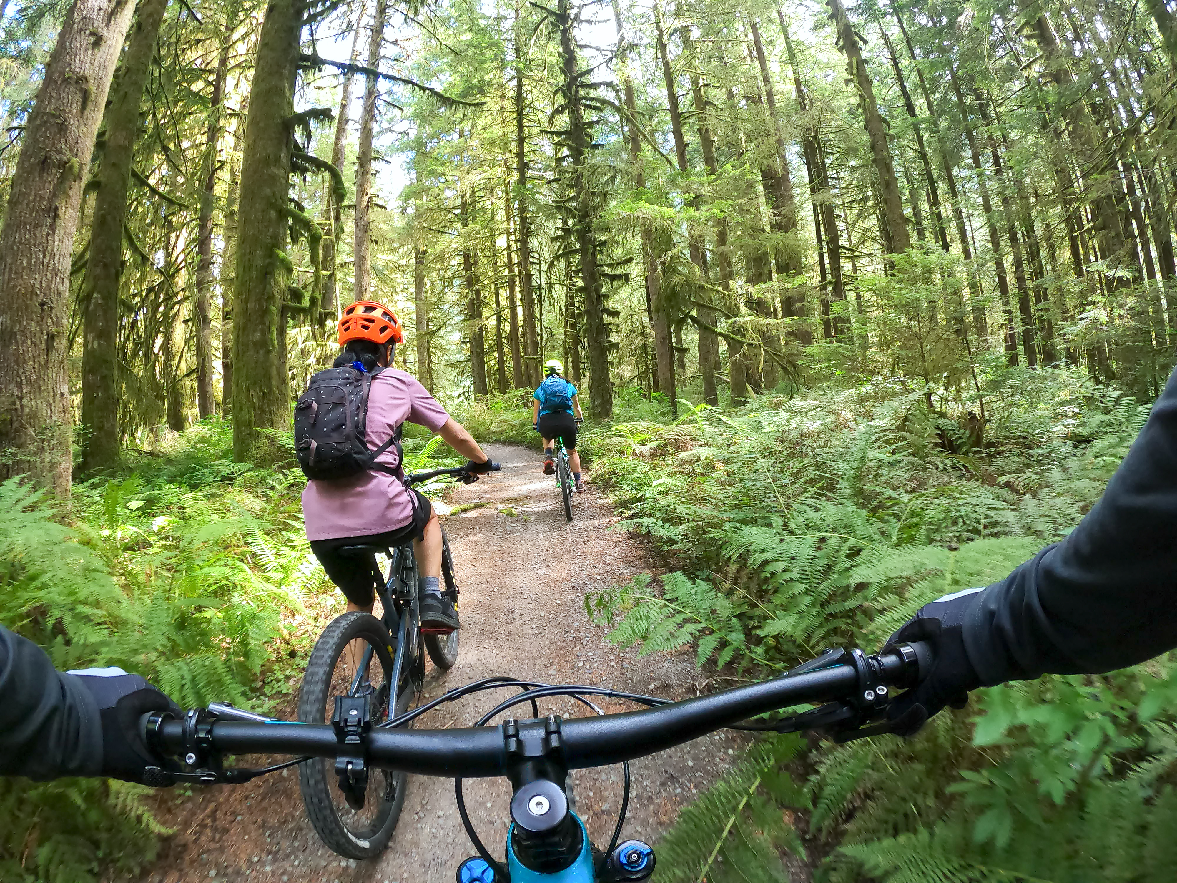 POV of a mountain biker riding through the lush forest in North Vancouver with family