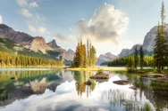 Blue skies over a glassy Maligne Lake in the Canadian Rockies