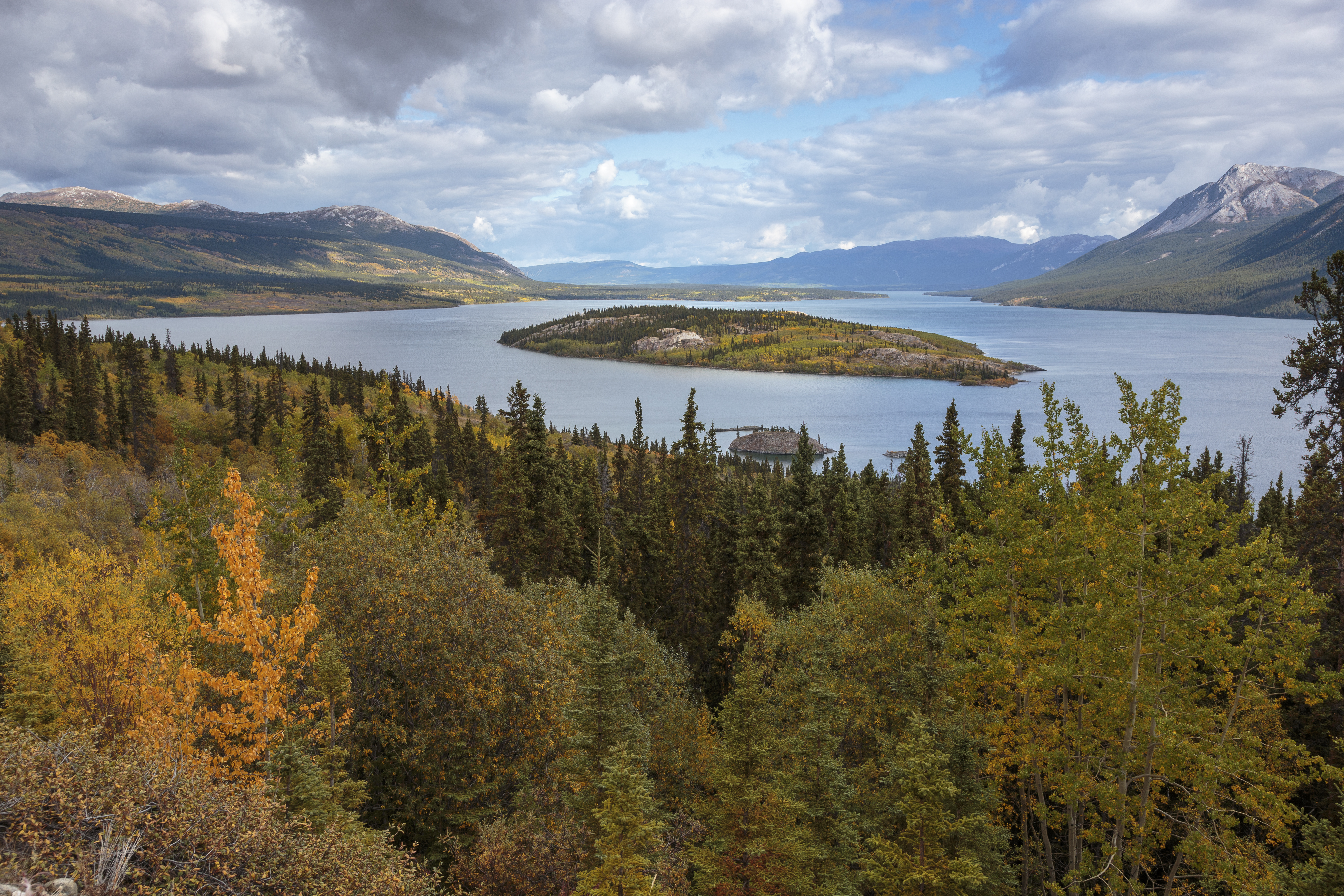 View of Bove Island on the Windy Arm of Tagish Lake, mountains and fall foliage with clouds above