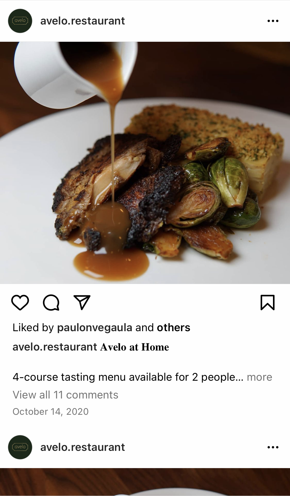 Instagram post from Avelo restaurant
