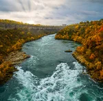 Emerald coloured river with fall coloured trees in the Niagara Region
