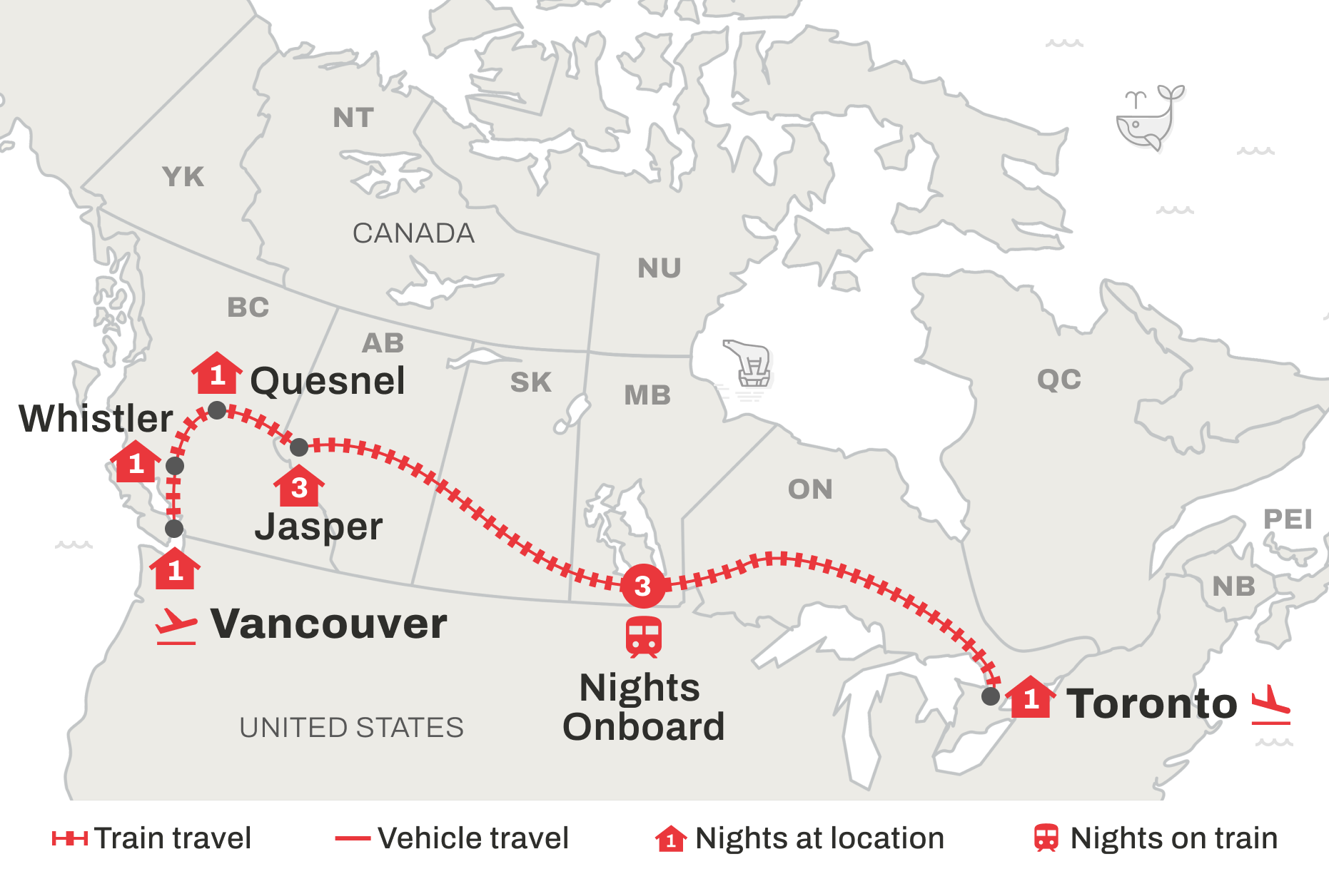 Route map of Trans Canada Rainforest Route trip from Vancouver to Toronto