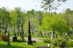 View of grave stones and greenery in a cemetery on a hill