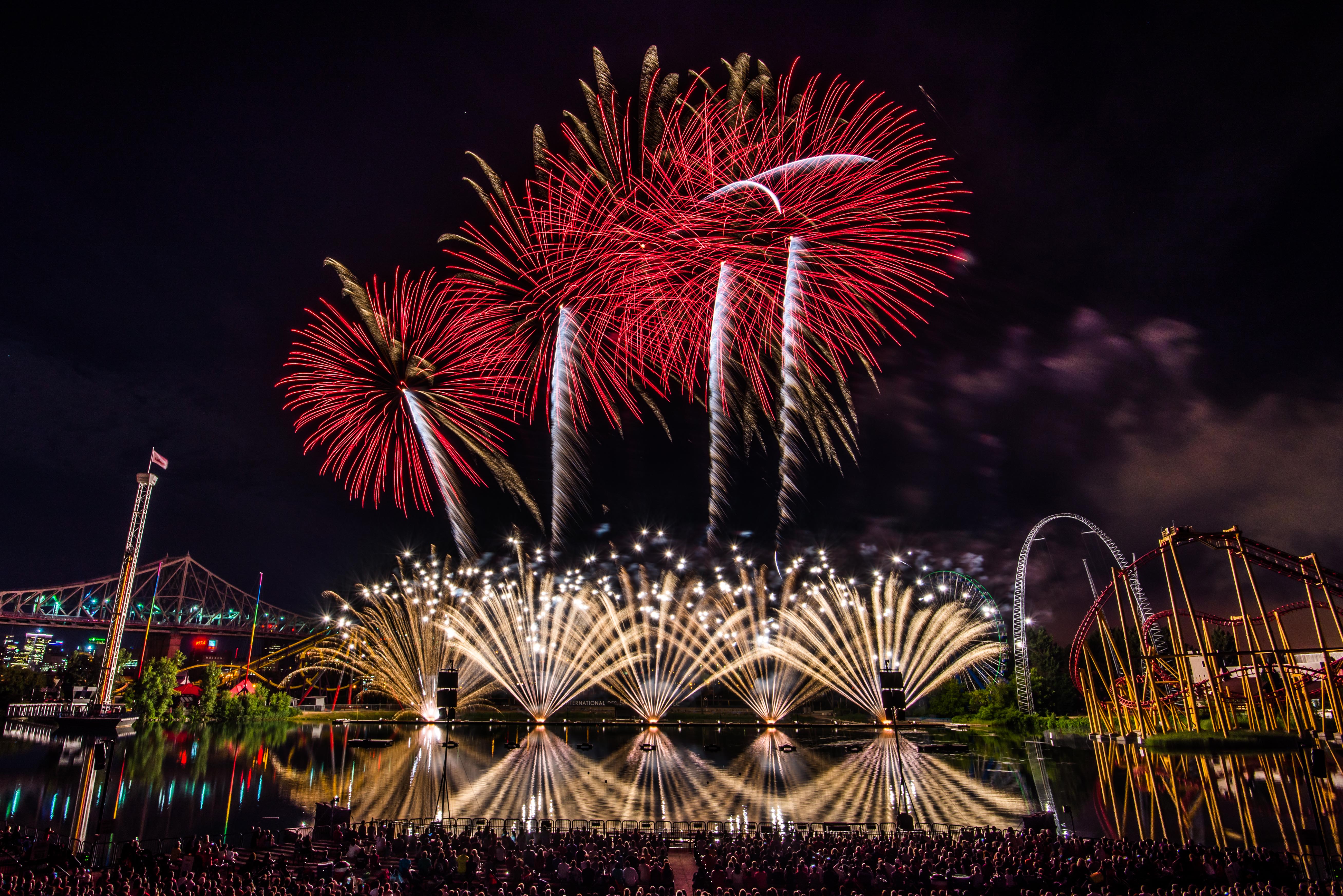 Impressive fireworks display at night in Montreal