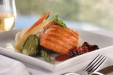 Grilled BC salmon served in SilverLeaf class service, onboard the Rocky Mountaineer train.