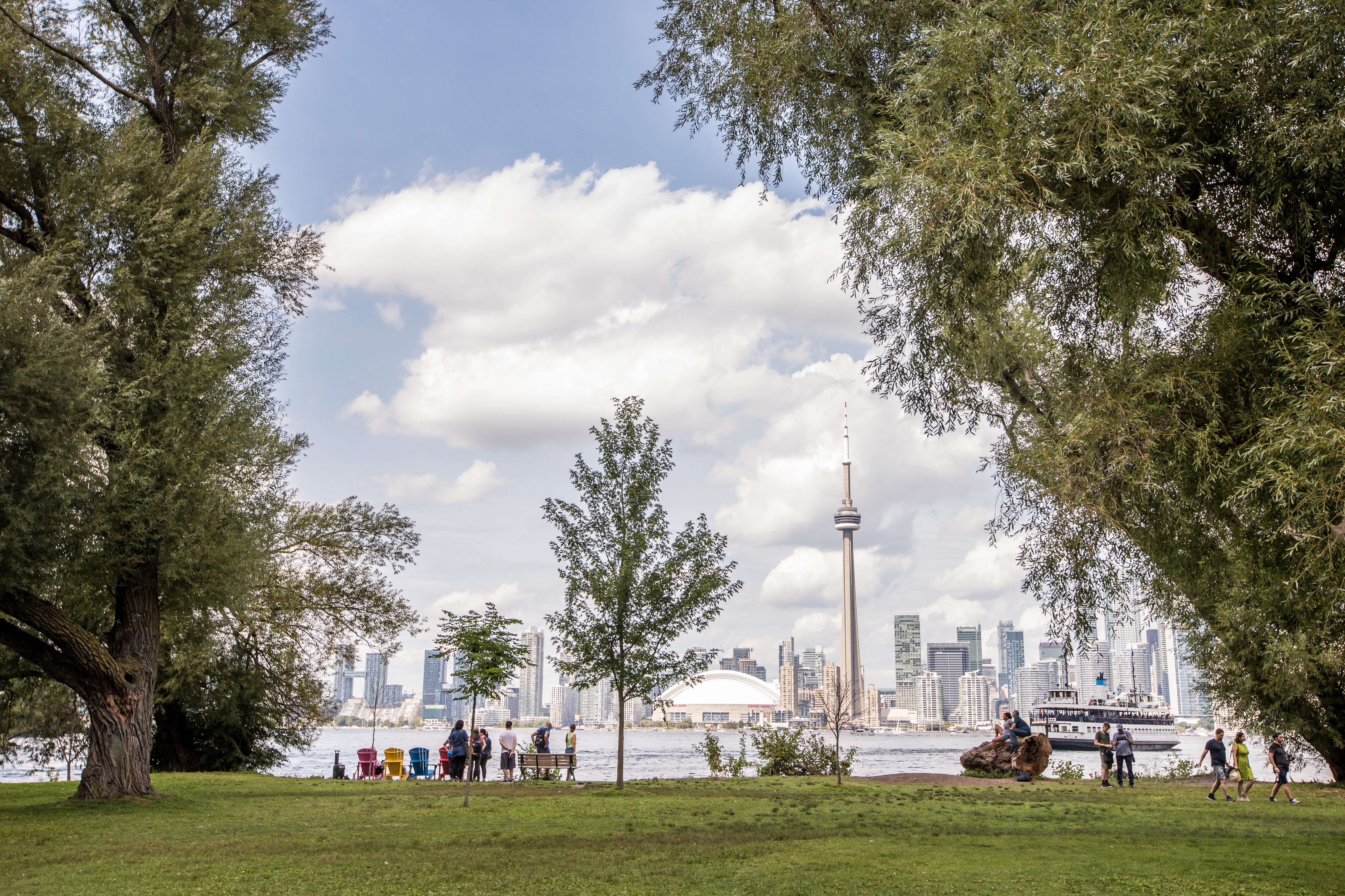 View of the Toronto skyline from a park on an island 