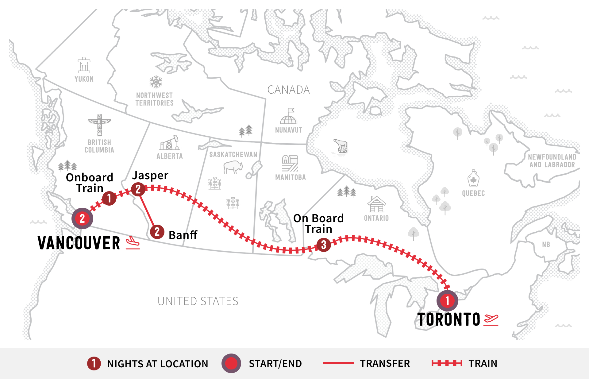 Map of Trans Canada in Winter Itinerary