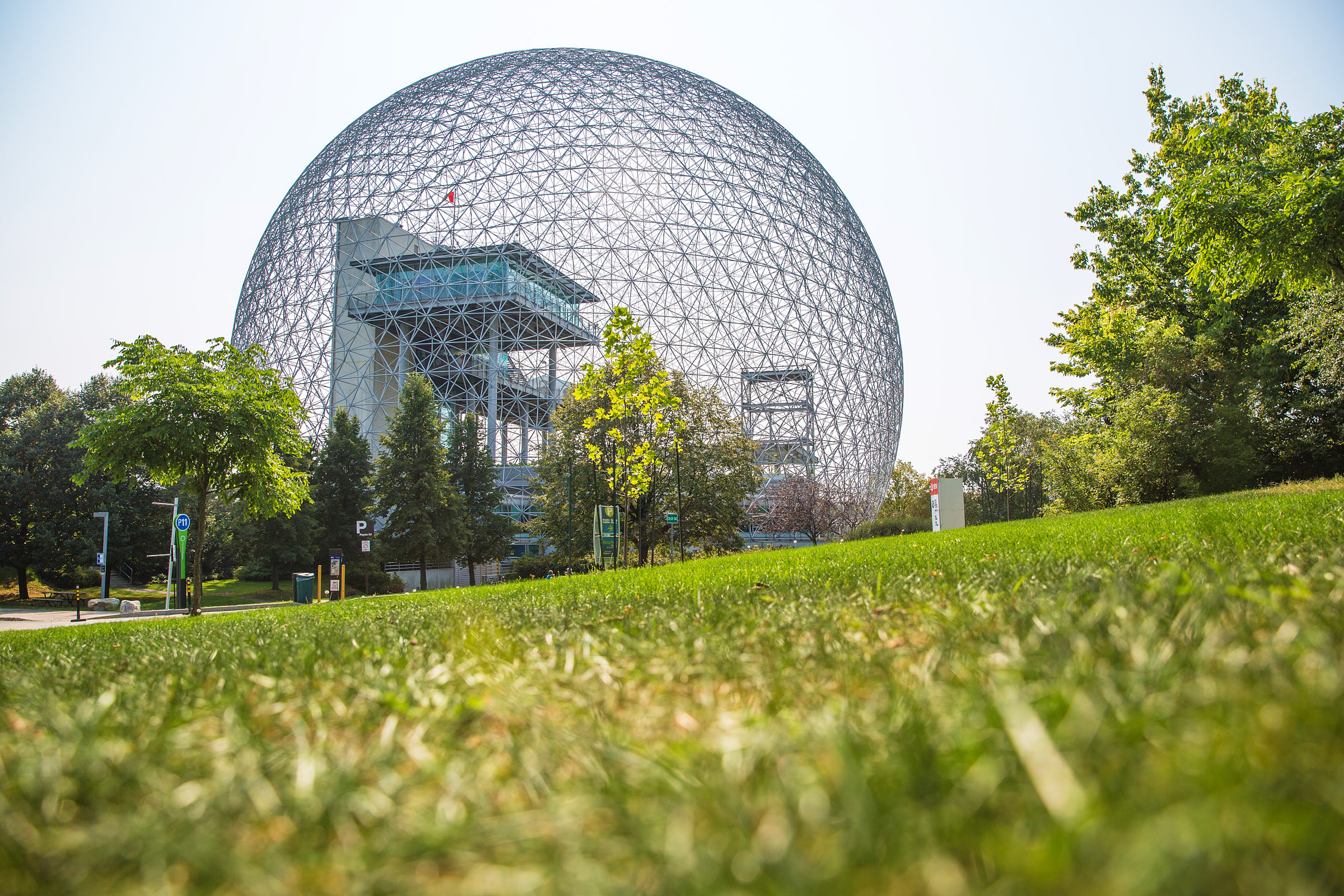 Close up of the Biosphere, a geodesic dome with a museum inside