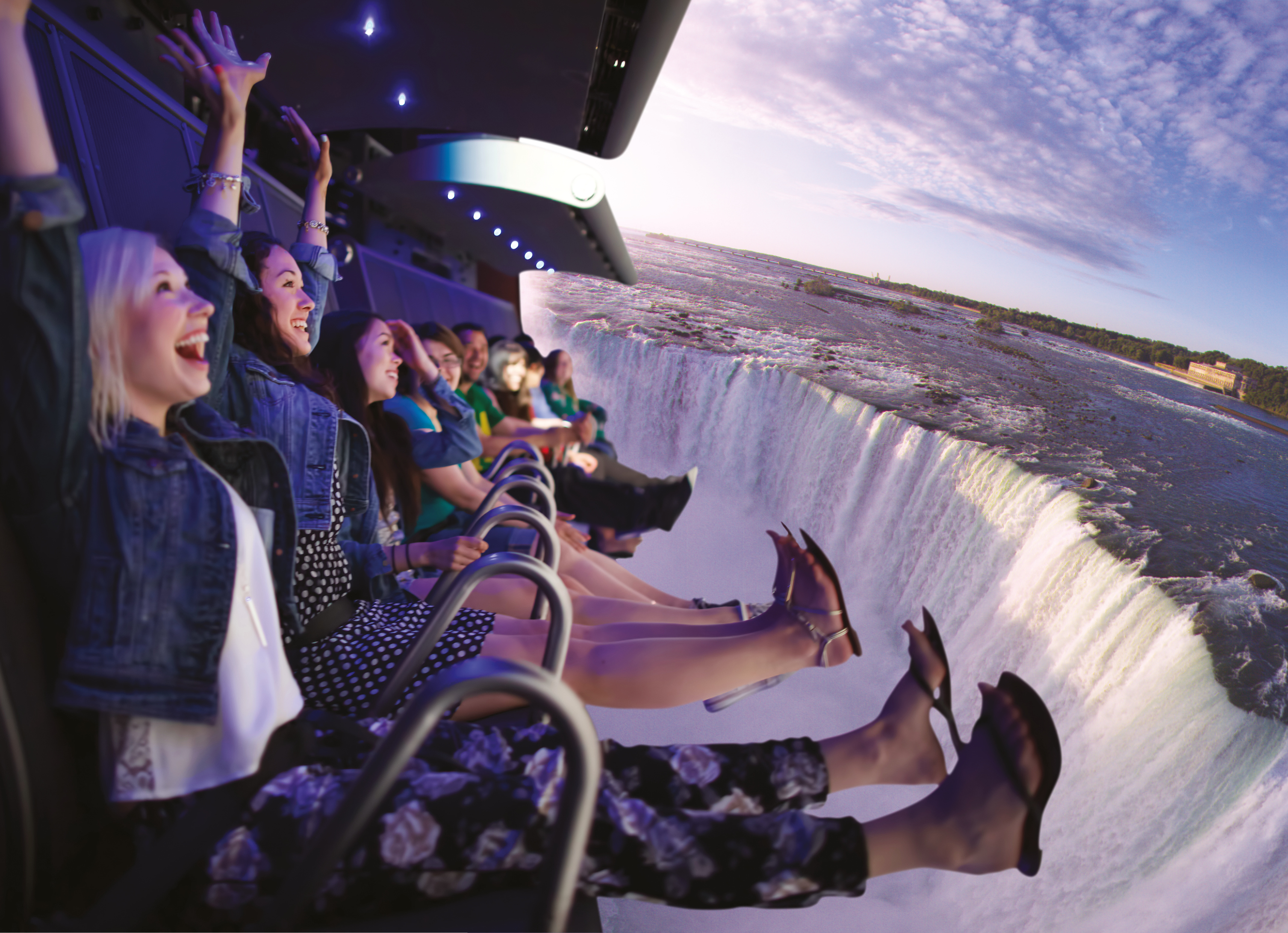 People enjoying a FlyOver Canada flight simulation over Niagara Falls
