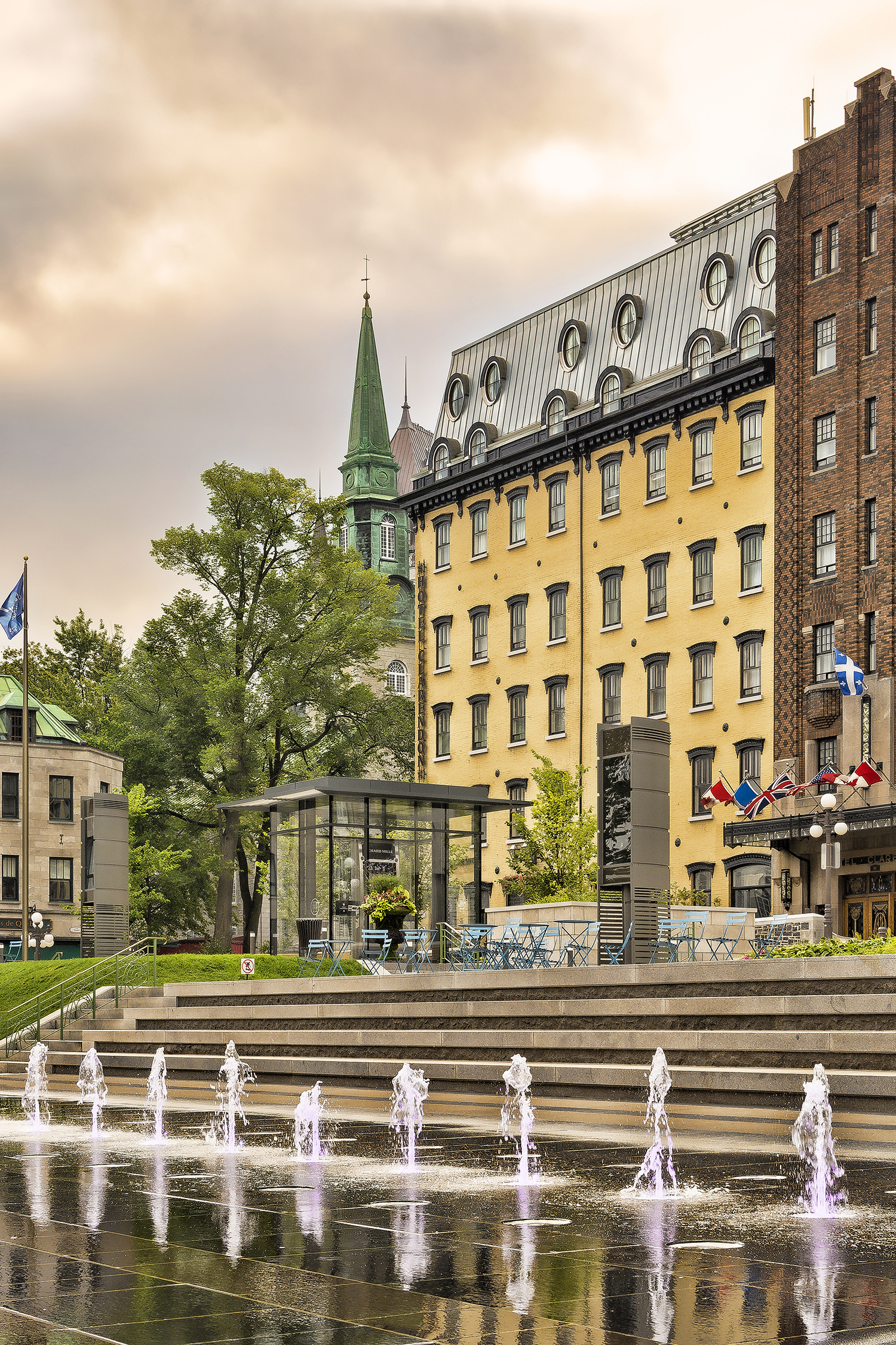 View of steps in front of Hotel Clarendon in Old Quebec