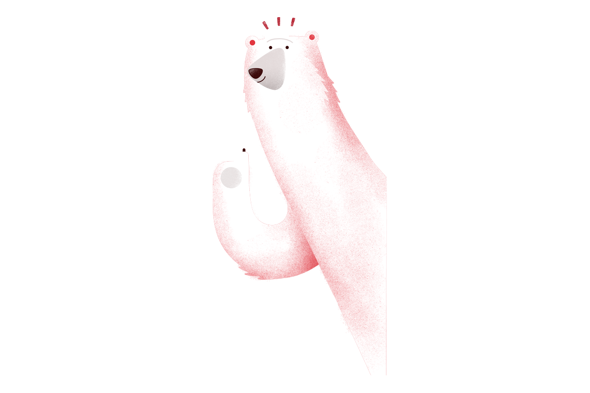 Polar bear cartoon peeking from the side with its hand up with an idea
