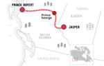 Map of the Skeena train route, which connects Jasper and Prince Rupert