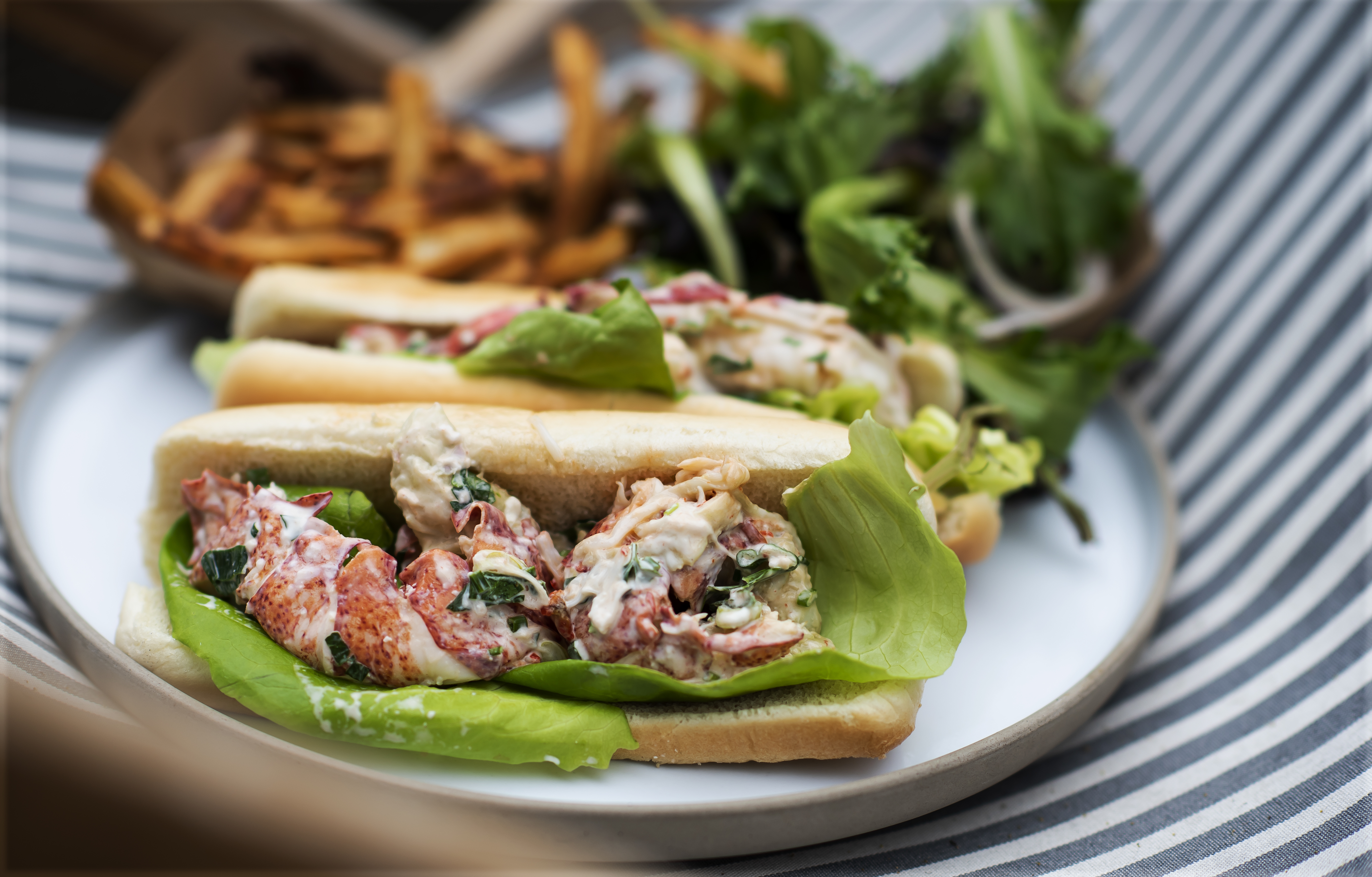 A close-up shot of fresh Lobster Rolls on a plate with fries and leafy greens in the background