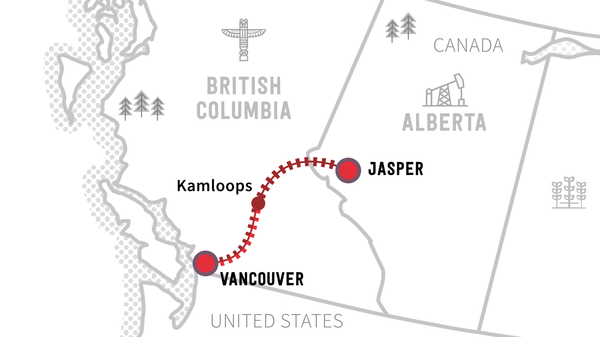 Map of Journey through the Clouds Rocky Mountaineer route 