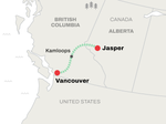 Map of Rocky Mountaineer Journey through the Clouds route – Vancouver to Jasper