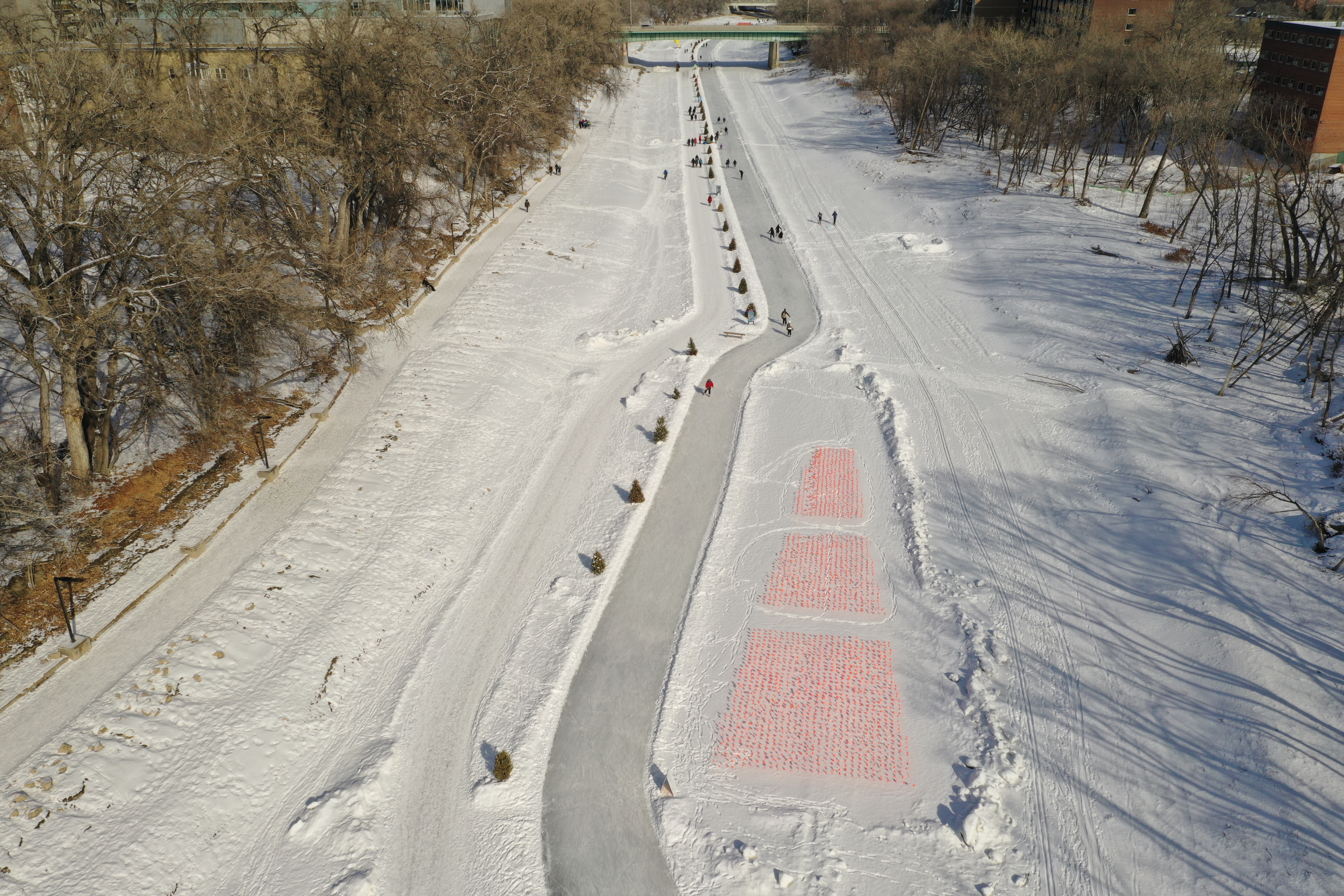 Aerial view of a long ice skating trail in Winnipeg