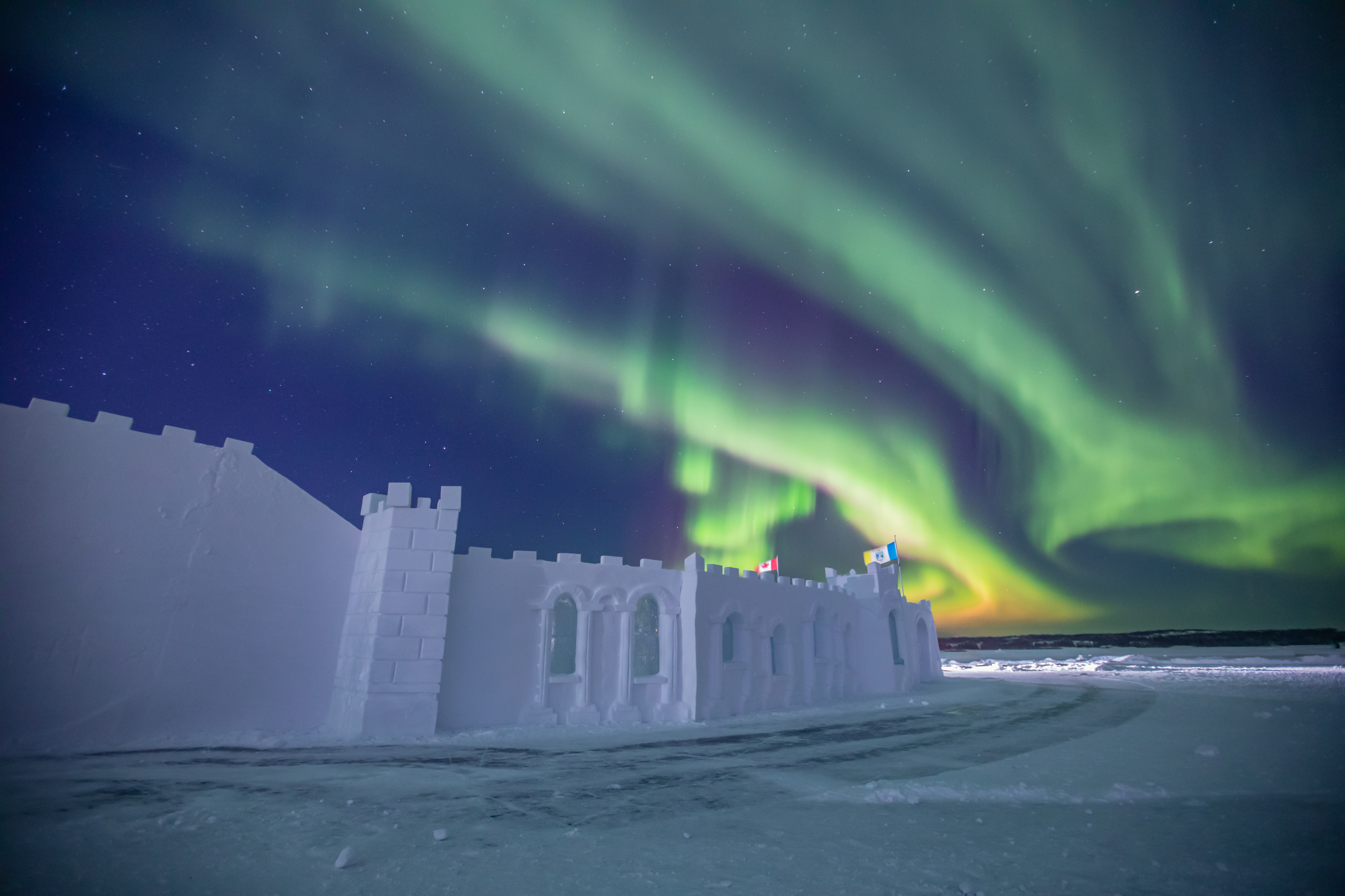 Northern Lights over an Ice Castle in Yellowknife