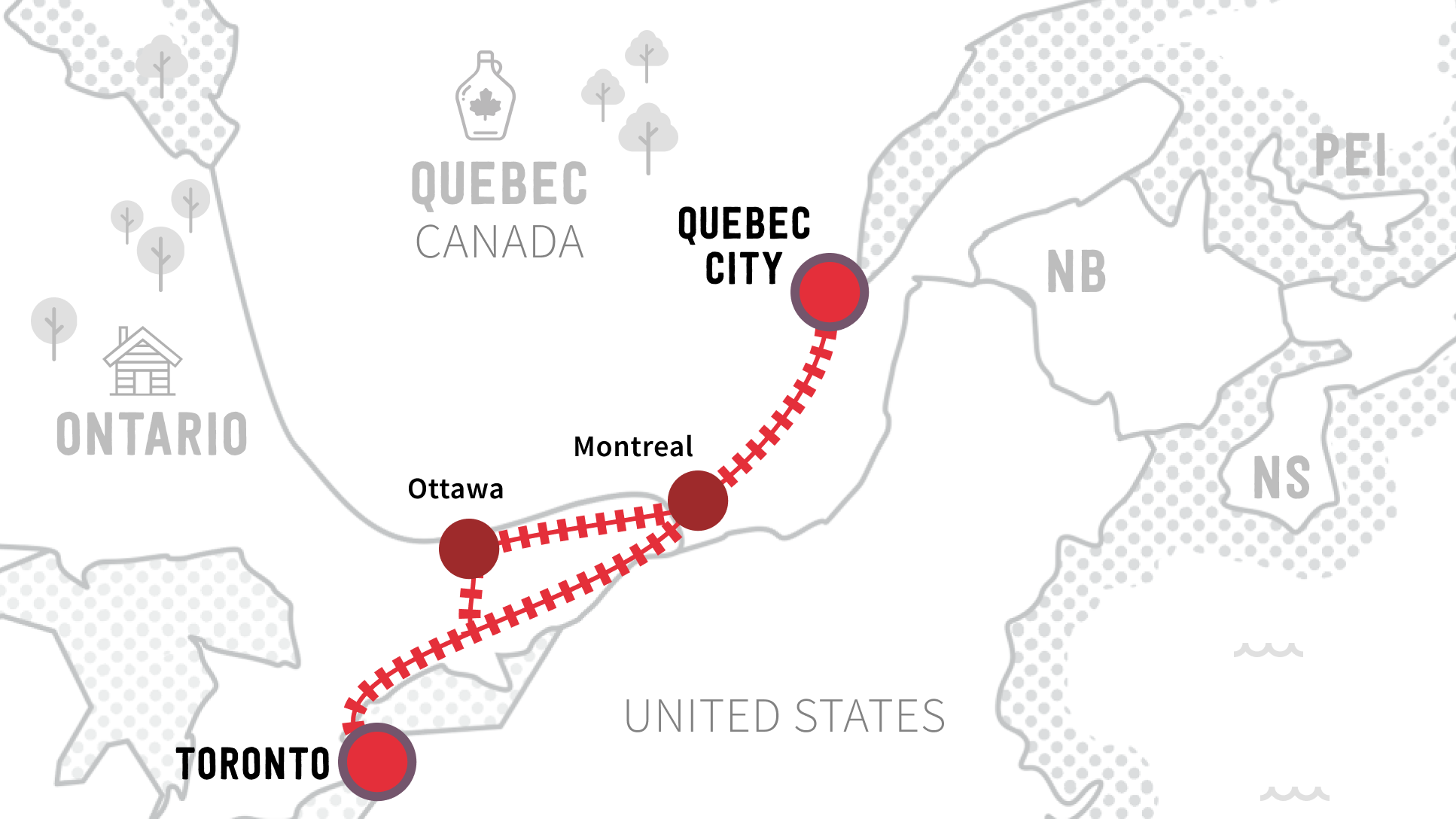 Route map of VIA Rail’s Corridor train from Toronto to Quebec City